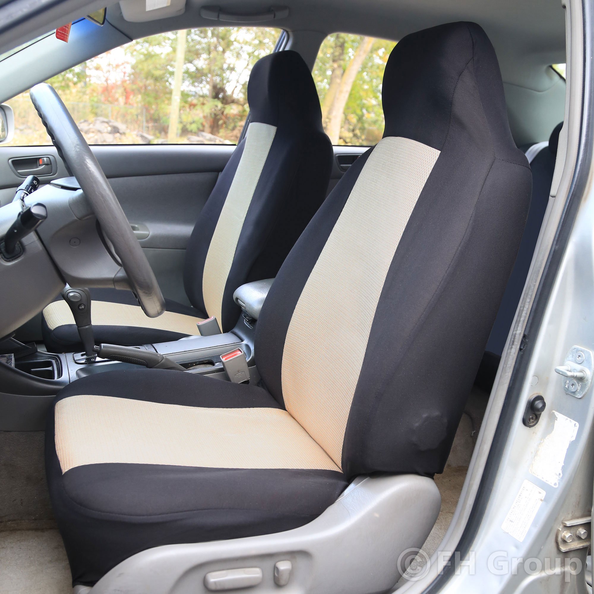 FH Group Universal Car Seat Covers Set - Beige Cloth for SUV, Sedan, Van | Durable & Comfortable for Daily Driving
