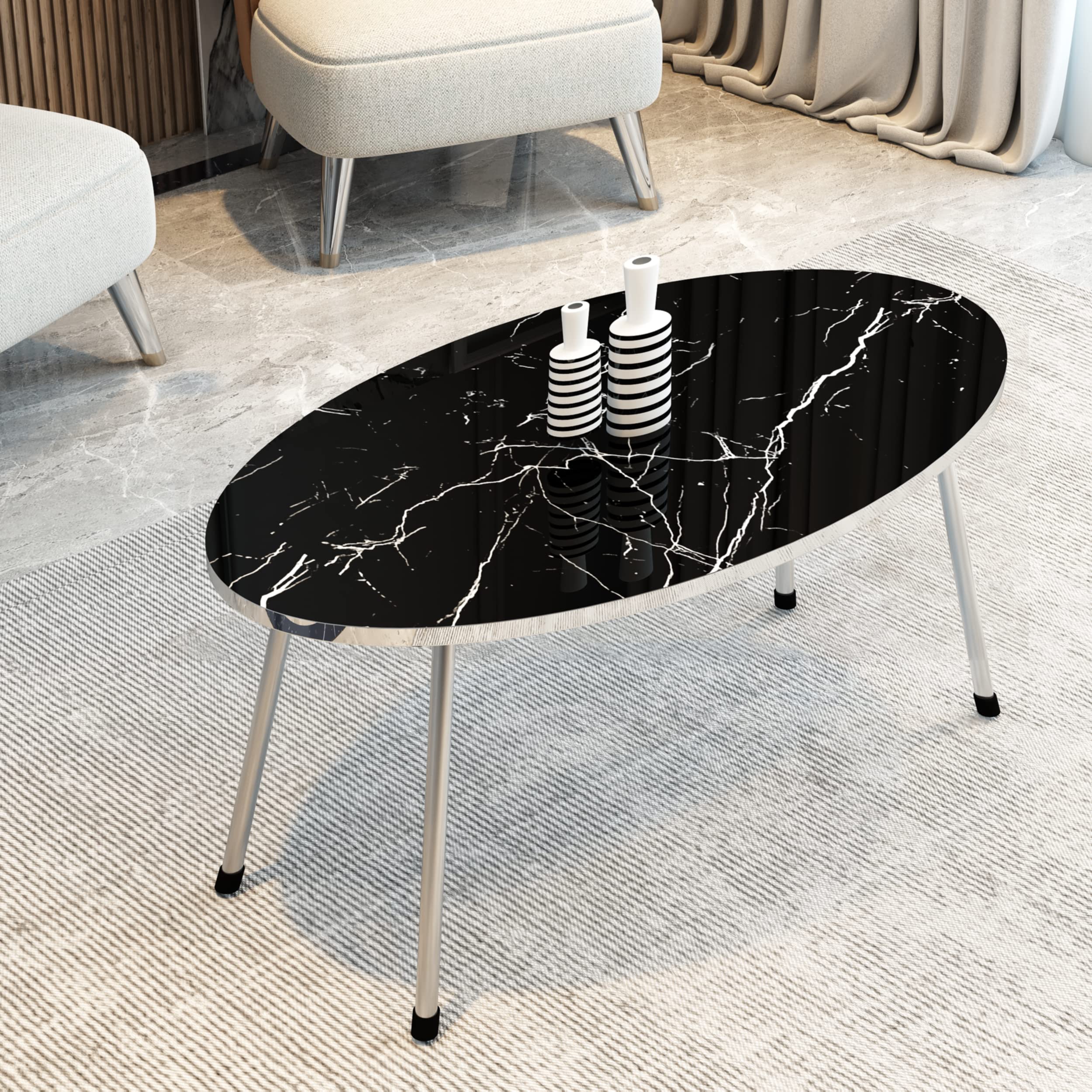 4 Piece Living Room Table Set - 1 Coffee Table & 3 Nesting Tables, No-Tools Assembly, Black Marble/Gray Finish, Ellipse Coffee Table with Round Side Tables - Perfect for Small Spaces, Apartment Decor & Modern Home Furniture