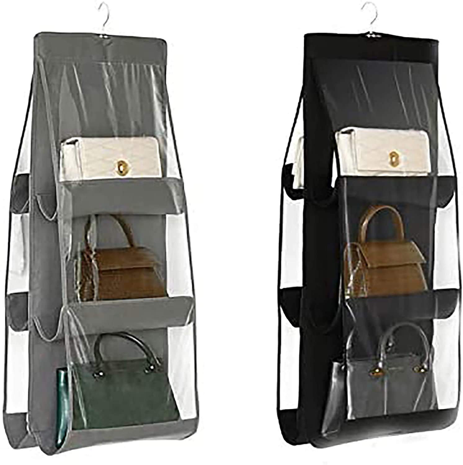 MICOKAY 2-Pack Hanging Closet Organizer with 6 Pockets - Foldable Handbag & Purse Storage for Bedroom, Wardrobe & Travel - Universal Fit (Black & Grey) - Perfect for Small Space Organization & Closet Decluttering
