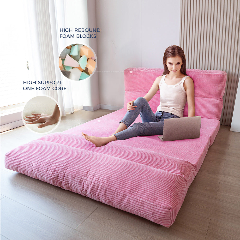 MAXYOYO Folding Sofa Bed - Extra Wide Corduroy Floor Bed in Pink | Convertible Sleeper for Small Spaces, Guest Room & Dorm | Comfortable Lounge Chair for Living Room, Bedroom & Office