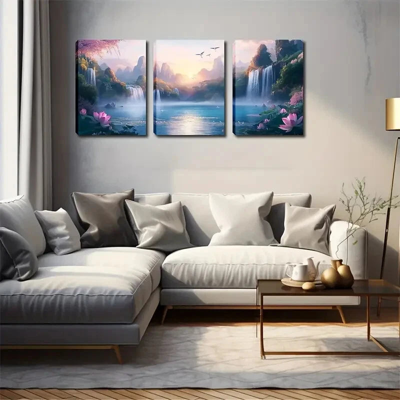 3-Piece Serene Waterfall & Mountain Landscape Wall Art Set - Framed Canvas Prints 50x70cm - High Quality Australian Made Wall Decor - Perfect for Living Room, Bedroom & Office Decor