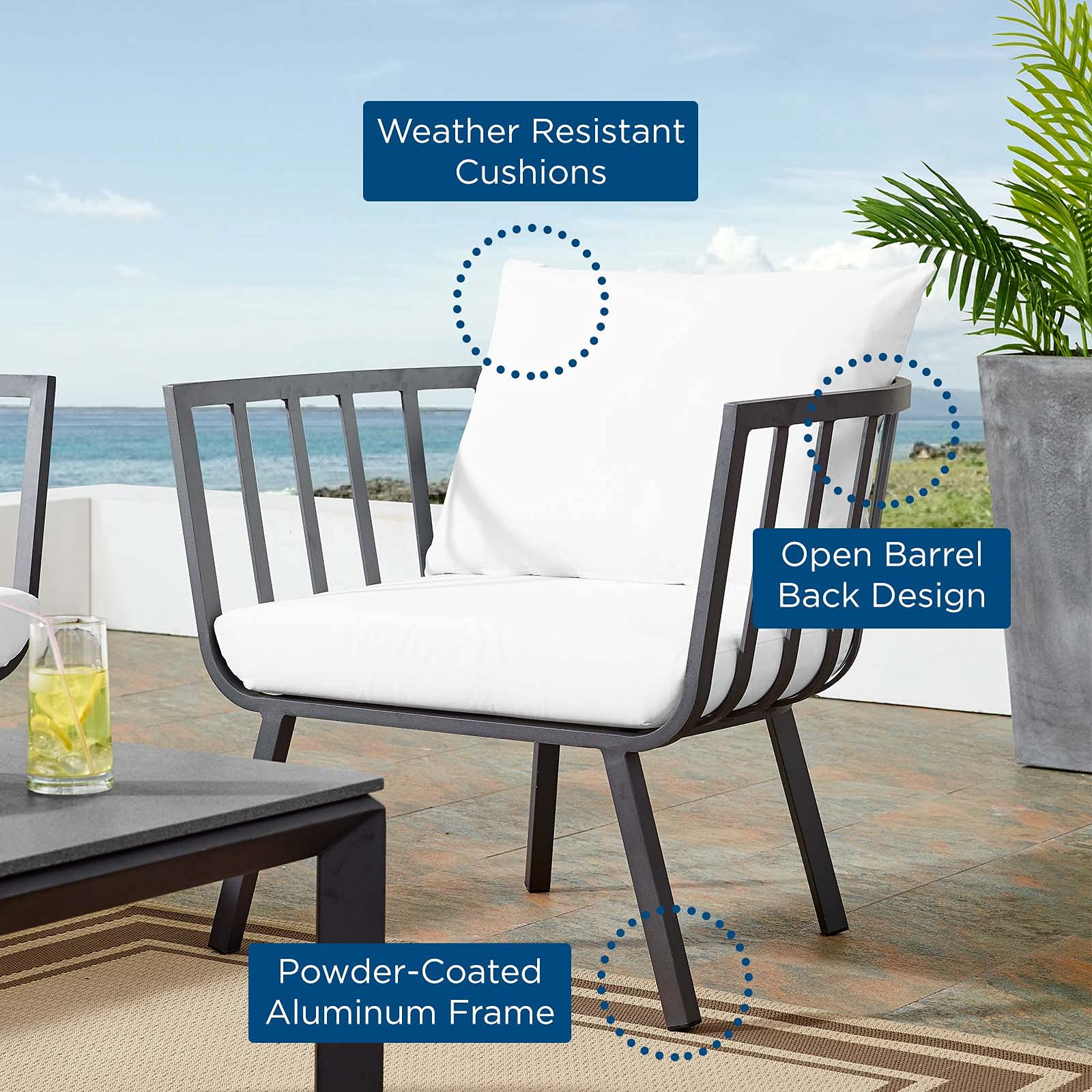 Modway Riverside Patio Aluminum Armchair - Lightweight Durable Outdoor Dining Chair in Gray White for Garden, Poolside & Backyard Relaxation