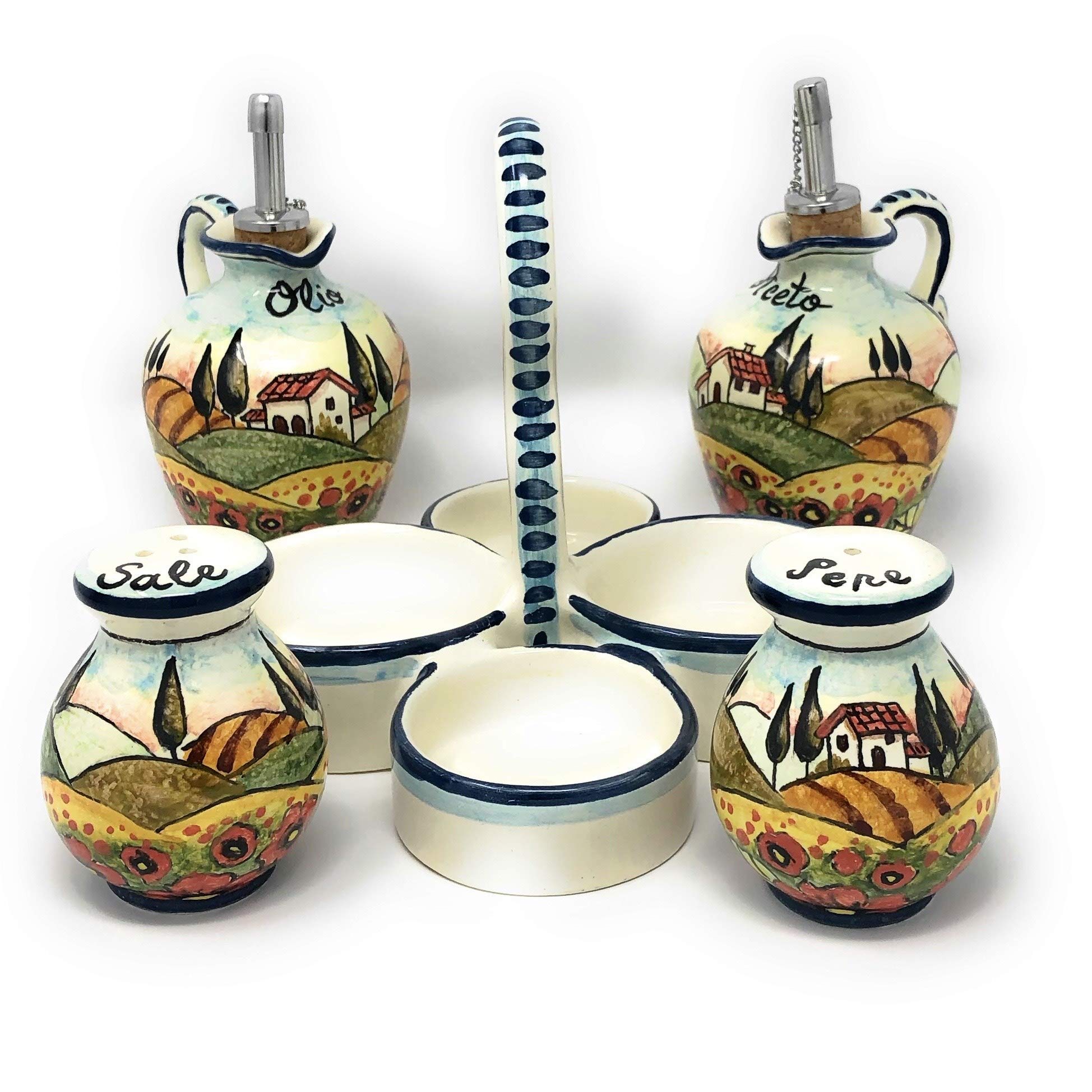 Hand-Painted Italian Ceramic Art Pottery Set - Tuscan Poppies Landscape Cruet for Oil, Vinegar, Salt & Pepper | Authentic Made in Italy Home & Kitchen Decor | Perfect for Tuscan-Themed Dining & Gift Giving
