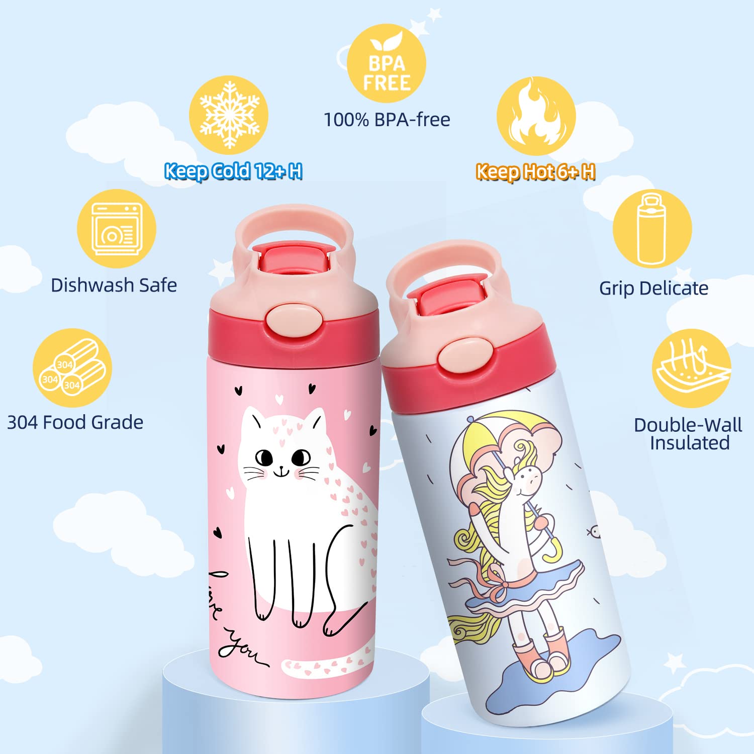 Mocaru 12oz Stainless Steel Kids Sippy Cup with Leak-Proof Straw Lid - Insulated Toddler Water Bottle with Handle - 8 Pack Sublimation Ready Tumbler Cups for Daycare, School & Outdoor Activities