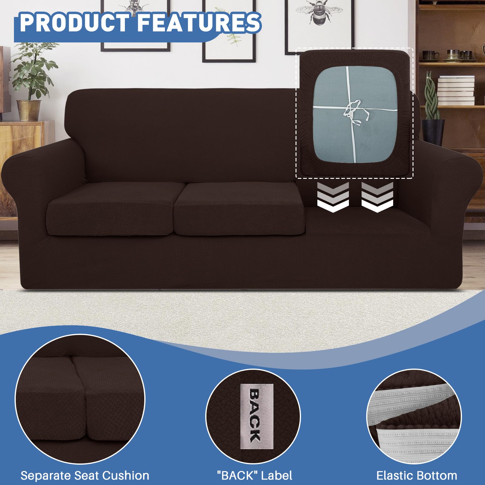 JIVINER 4-Piece Stretch Sofa Slipcover Set for 3-Cushion Couch - Thick Fitted Furniture Protector with 3 Seat Covers - Pet & Dog Proof - Dark Coffee - Perfect for Living Room, Family Room & Home Decor
