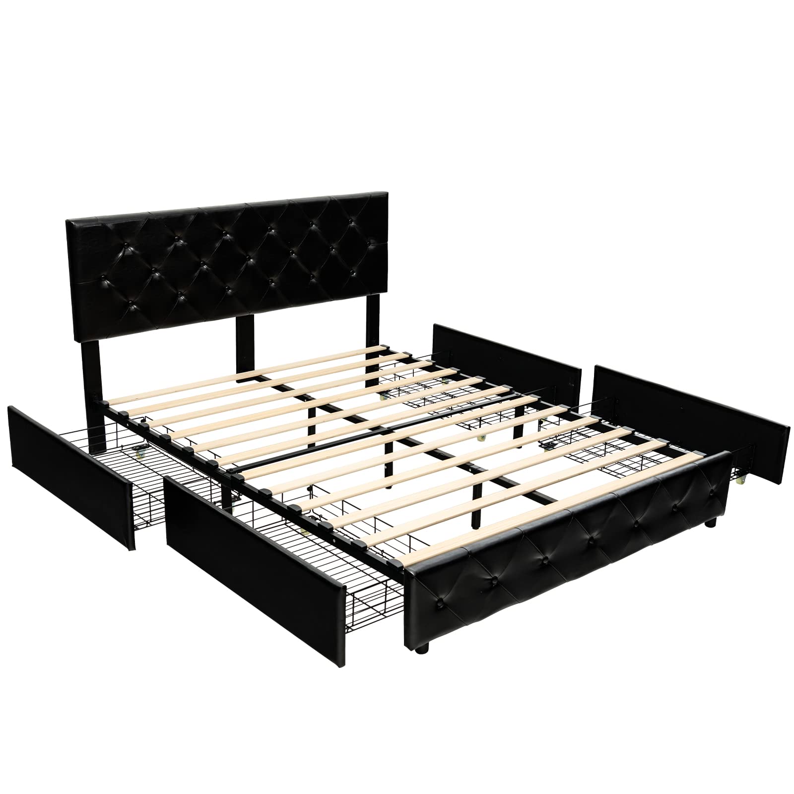 Giantex Full Size Upholstered PU Leather Platform Bed Frame with 4 Storage Drawers, Adjustable Headboard & Solid Wood Slats - No Box Spring Needed - Button Tufted Mattress Foundation - Easy Assembly - Black - Perfect for Small Bedrooms & Guest Rooms