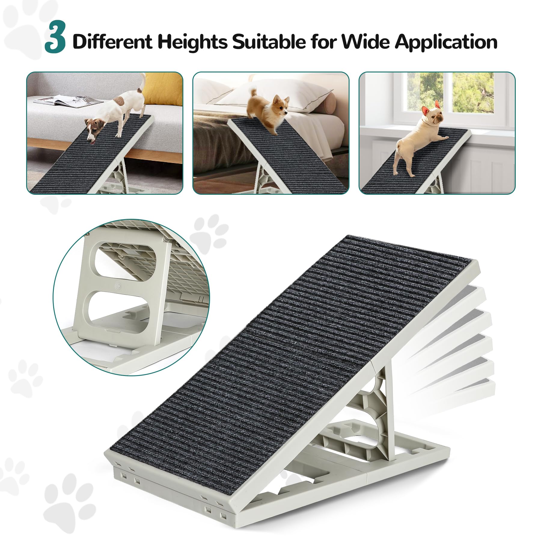 Foldable Indoor Dog & Cat Ramp for Small/Medium Pets - Adjustable Height Pet Stairs with Non-Slip Carpet - Perfect for Couches, Sofas, Beds & Chairs (Grey) - Ideal for Elderly Pets & Post-Surgery Recovery