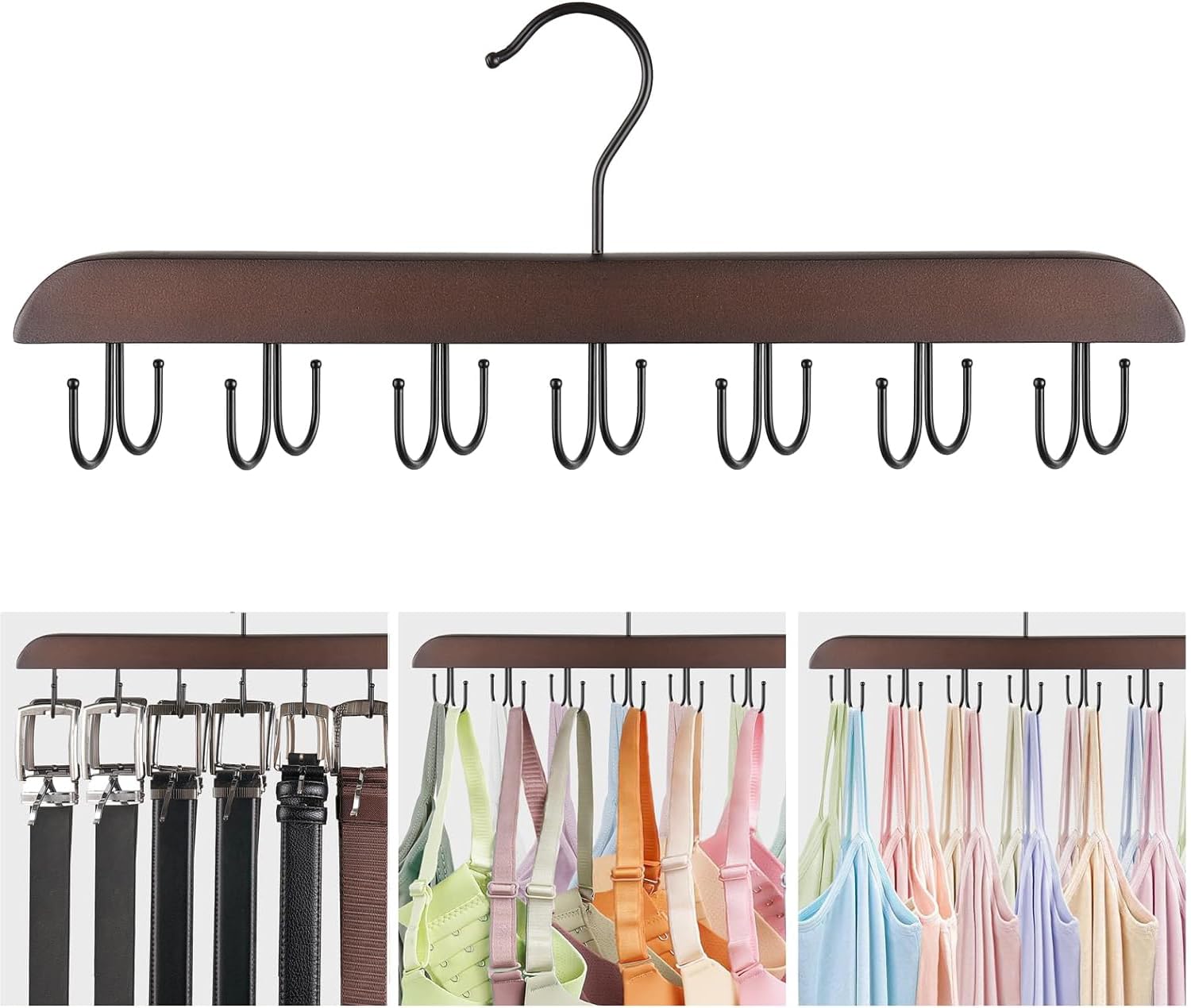 Mkono 14-Hook Wooden Bra Hanger - 360° Rotating Closet Organizer for Tank Tops, Belts, Sports Bras, Ties & Scarves | Space Saving Storage Solution for Home, Apartment & Dorm | Perfect for Small Closets, Laundry Rooms & Travel Organization