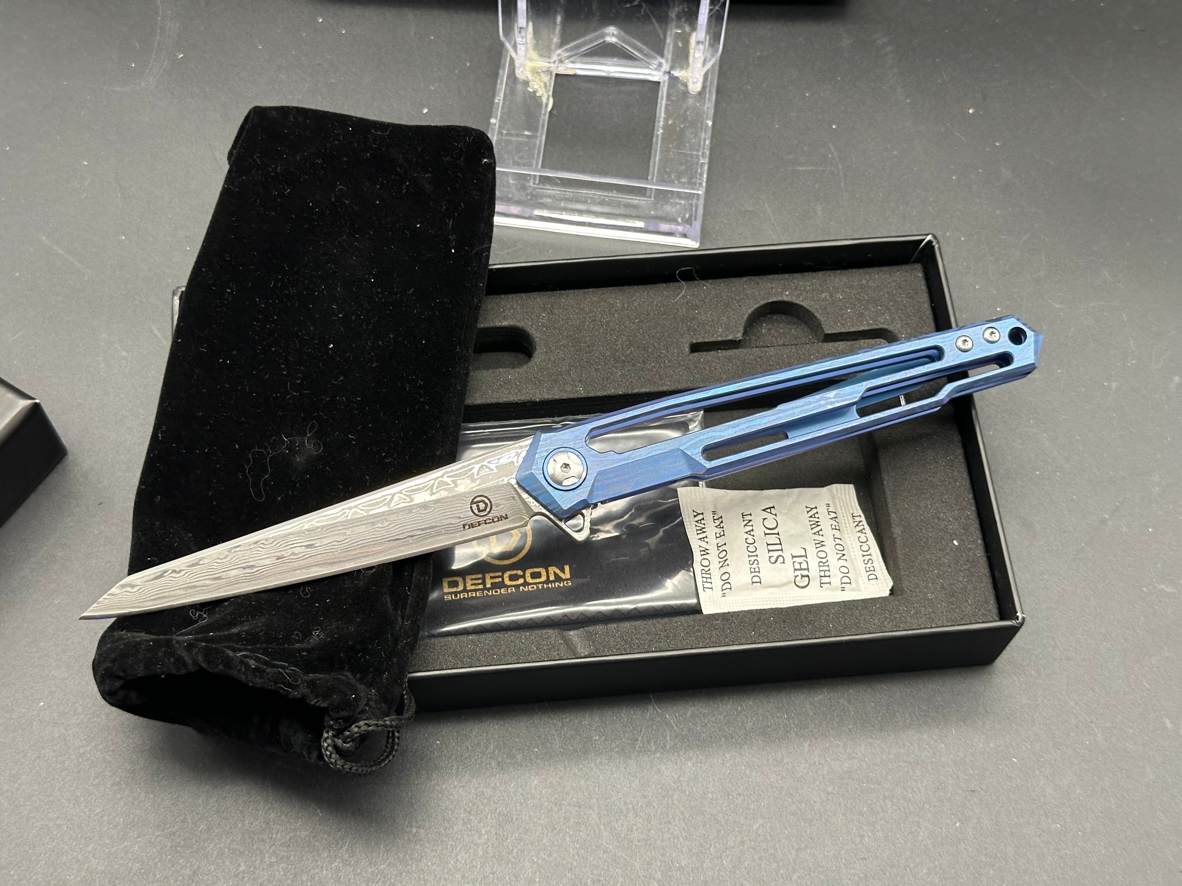 DEFCON Peregrine Framelock Folding Knife - Blue Titanium Handle with Damascus Steel Blade | EDC, Outdoor Survival, Camping & Tactical Use