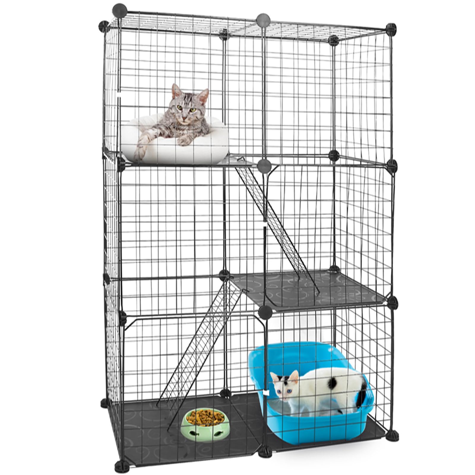 3 Tier Cat Cage Playpen - 42 Inch Indoor & Outdoor Metal Cat Enclosure with 3 Doors & 2 Ladders - Detachable Large Cat Playpen for 1-2 Cats - Easy Assembly Black Pet Exercise Pen - Perfect for Home, Garden, or Travel Use