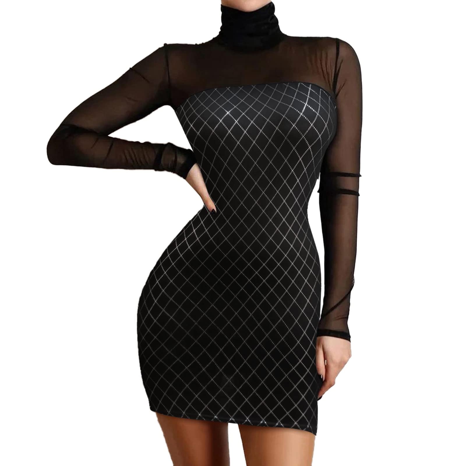 Women's Glitter Split Hem Contrast Mesh Party Dress - Long Sleeve Turtleneck Sexy Evening Gown for Night Out, Club, Cocktail & Holiday Events
