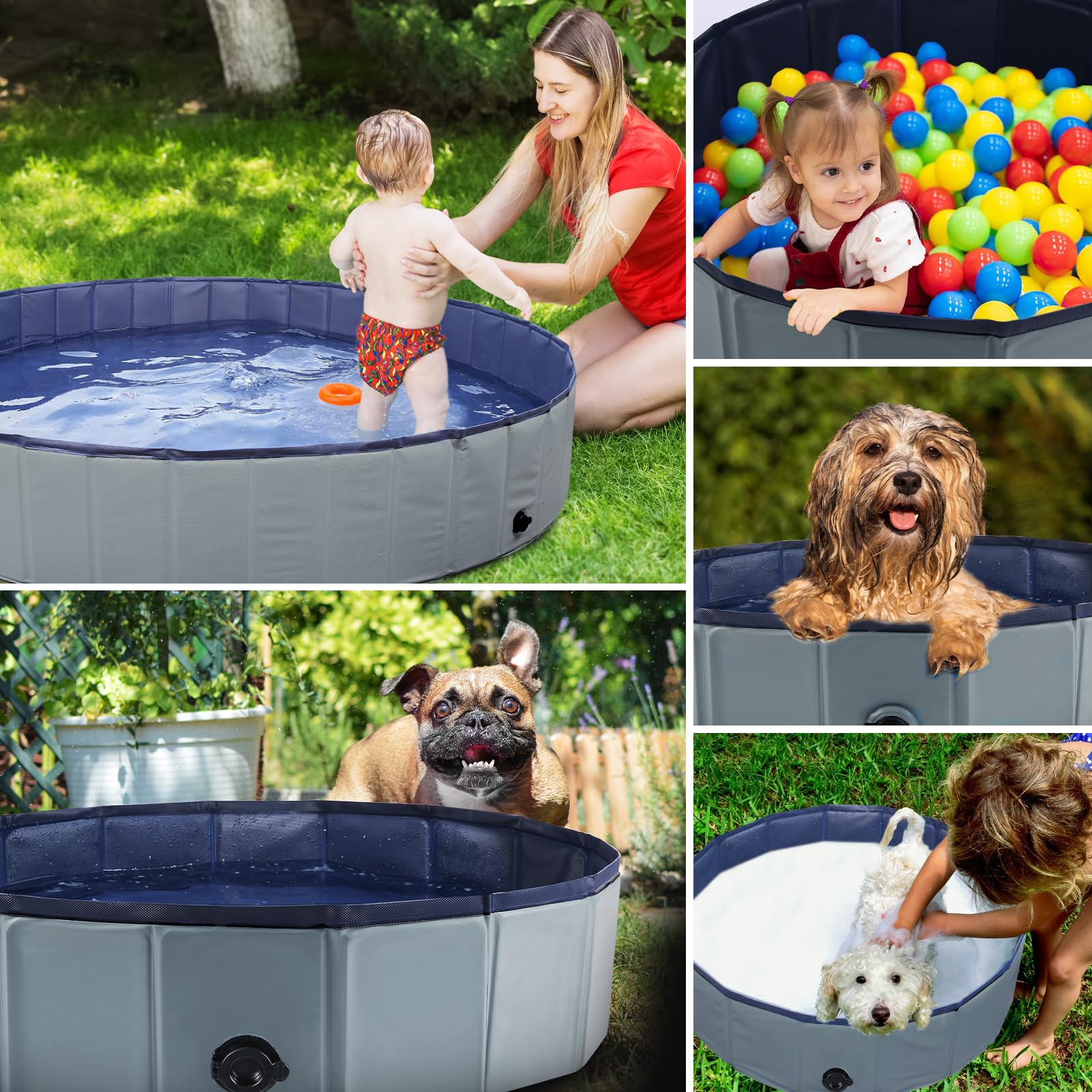 Foldable Dog Bath Tub & Kiddie Pool - 48 x 12 Inch Collapsible Pet Grooming Bathtub for Dogs, Cats, Kids & Toddlers - Portable Plastic Swimming Pool for Indoor/Outdoor Use - Perfect for Bathing, Playtime & Summer Fun (Gray)