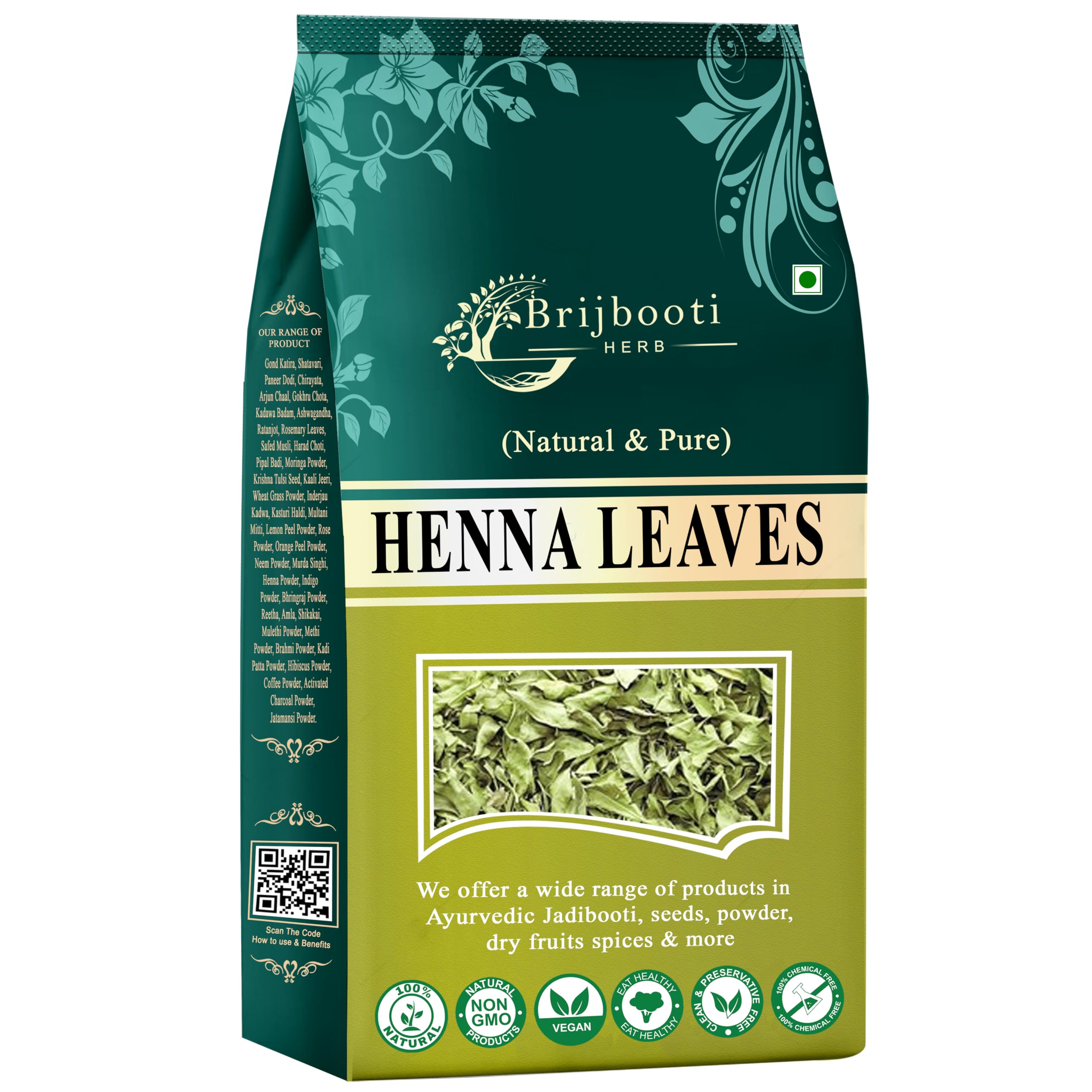 Brijbooti Henna Leaves 200g - 100% Natural Pure Mehndi Powder for Hair Coloring & Body Art | Safe Organic Herbal Dye for Gray Hair Coverage & Bridal Hand Tattoos
