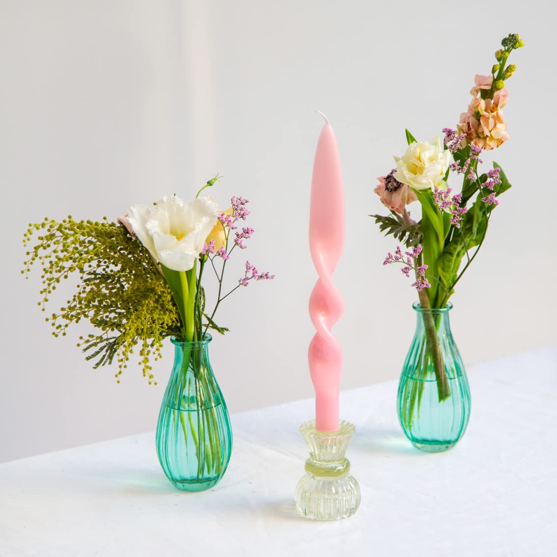 Small Light Green Glass Candle Holder for Candlesticks & Tea Lights - Boho Home Decor for Easter, Weddings & Dinner Parties | Decorative Table Centerpiece