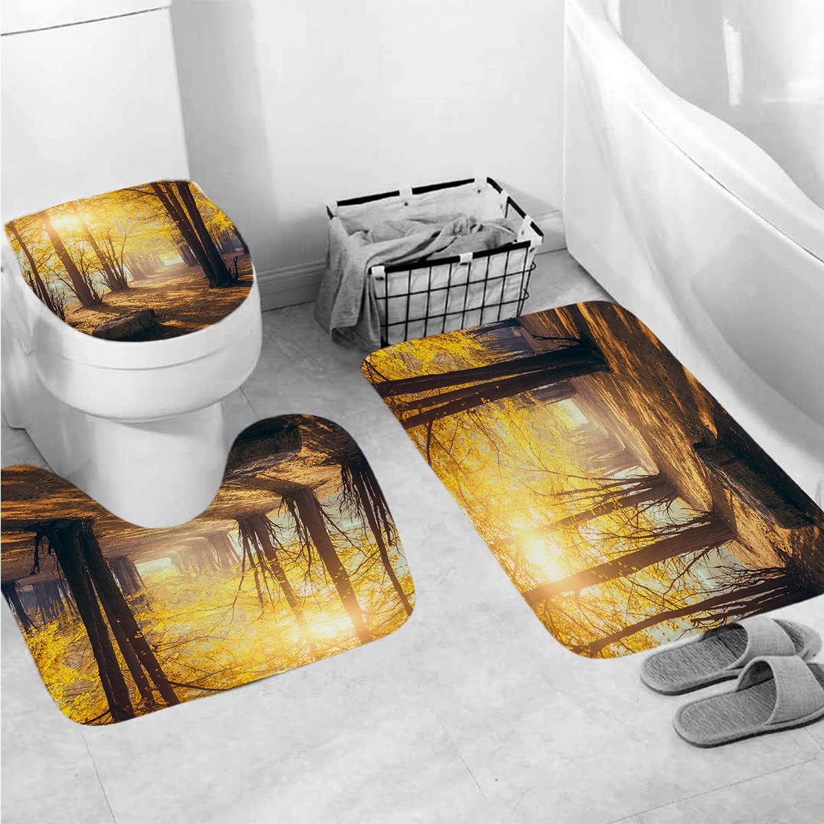 4Pcs Waterproof Shower Curtain Set with Non-Slip Bath Mat - Fall Forest Scenery Design for Bathroom Decor, Includes Toilet Cover & 12 Plastic Hooks (A11) | Perfect for Autumn-Themed Bathrooms & Cozy Home Spa Experience