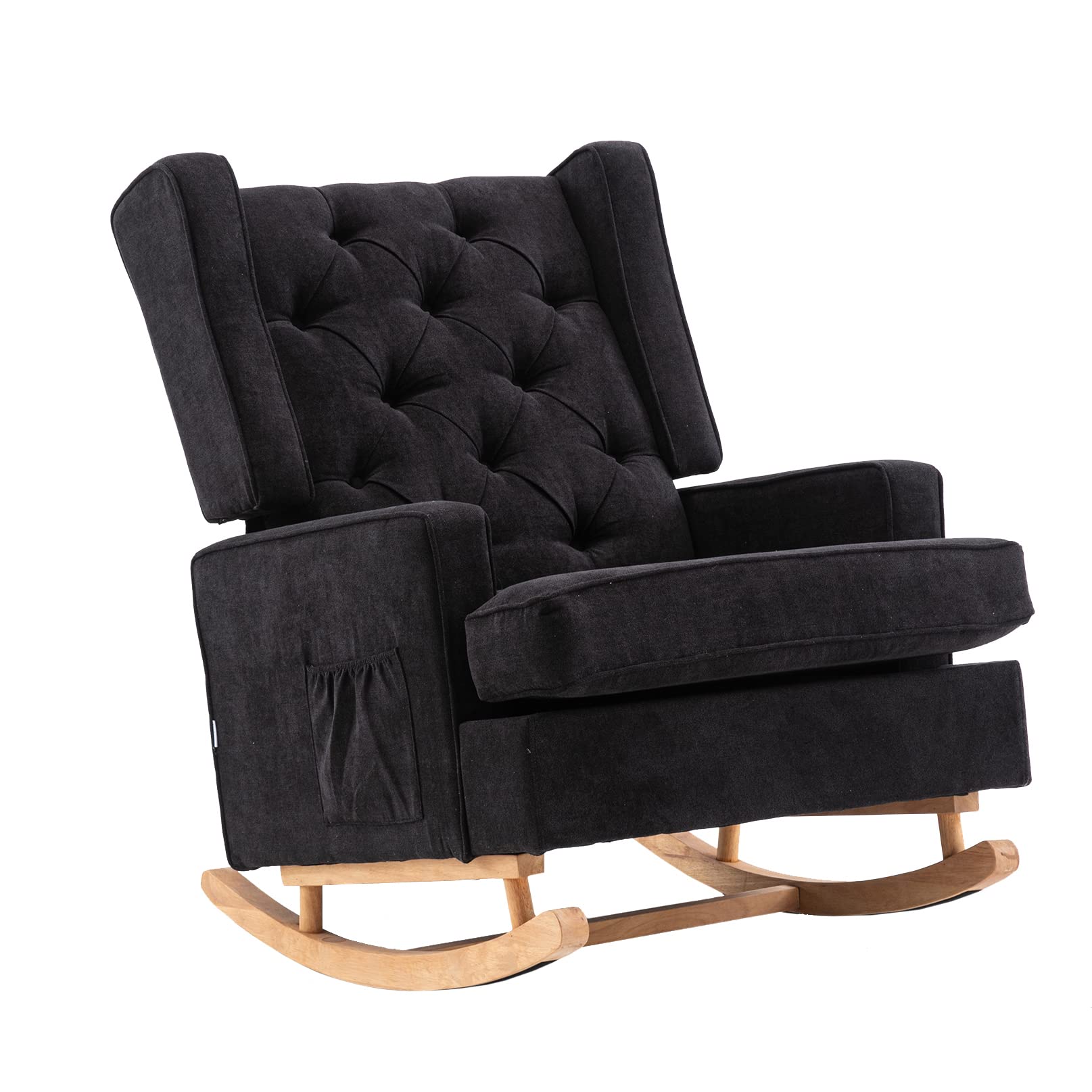 SSLine Upholstered Solid Wood Rocking Chair - Mid-Century Modern Nursery Glider Rocker | Comfortable Lounge Chair for Living Room, Bedroom, Study & Office | Perfect for Nursing, Reading & Relaxing (Black)