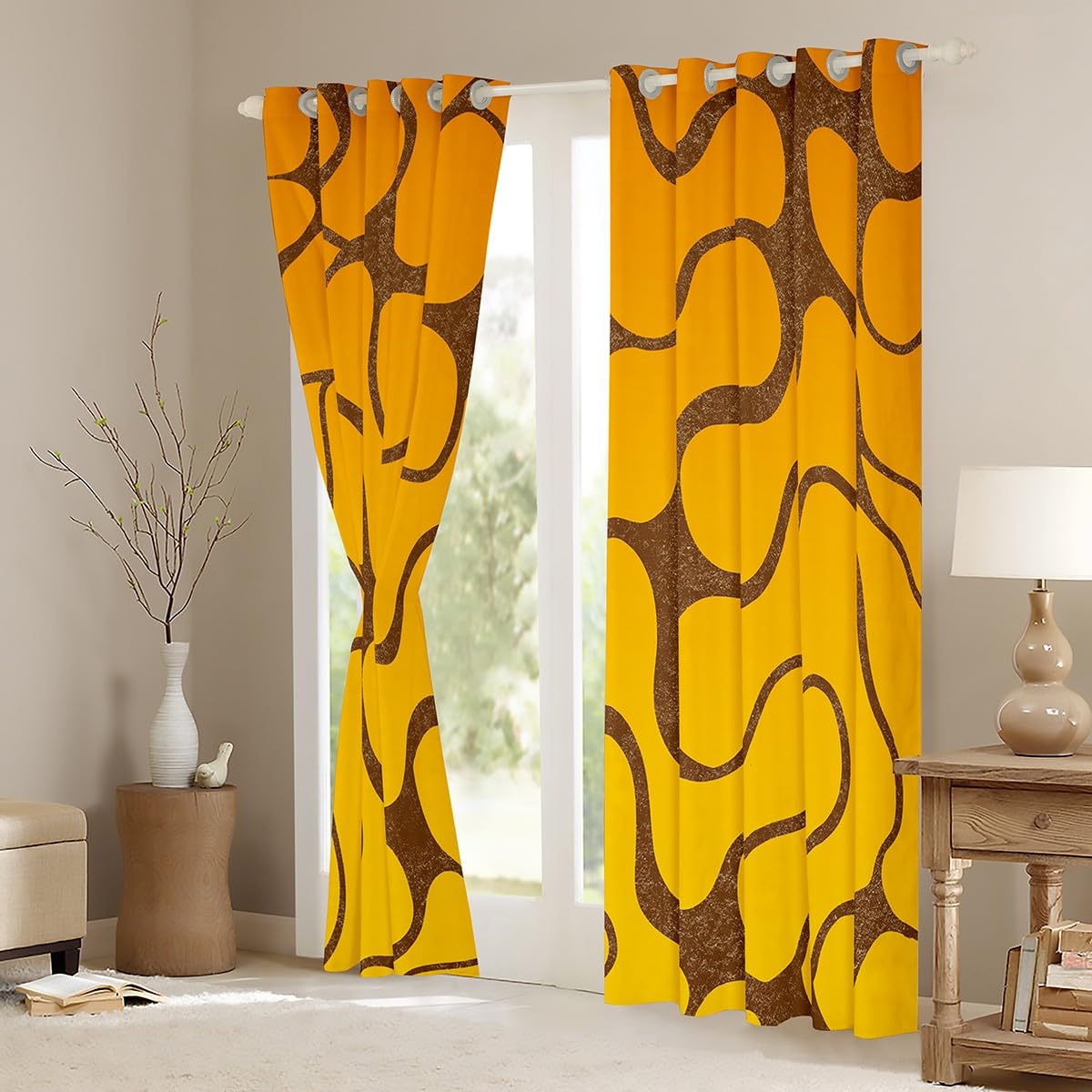 Geometric Abstract Wavy Line Window Curtains - Yellow Brown Stripe Drapes for Bedroom & Living Room - Modern Luxury Decor for Kids Boys Girls - 38x54 Inches, 2 Panels - Perfect for Nursery, Playroom & Home Office