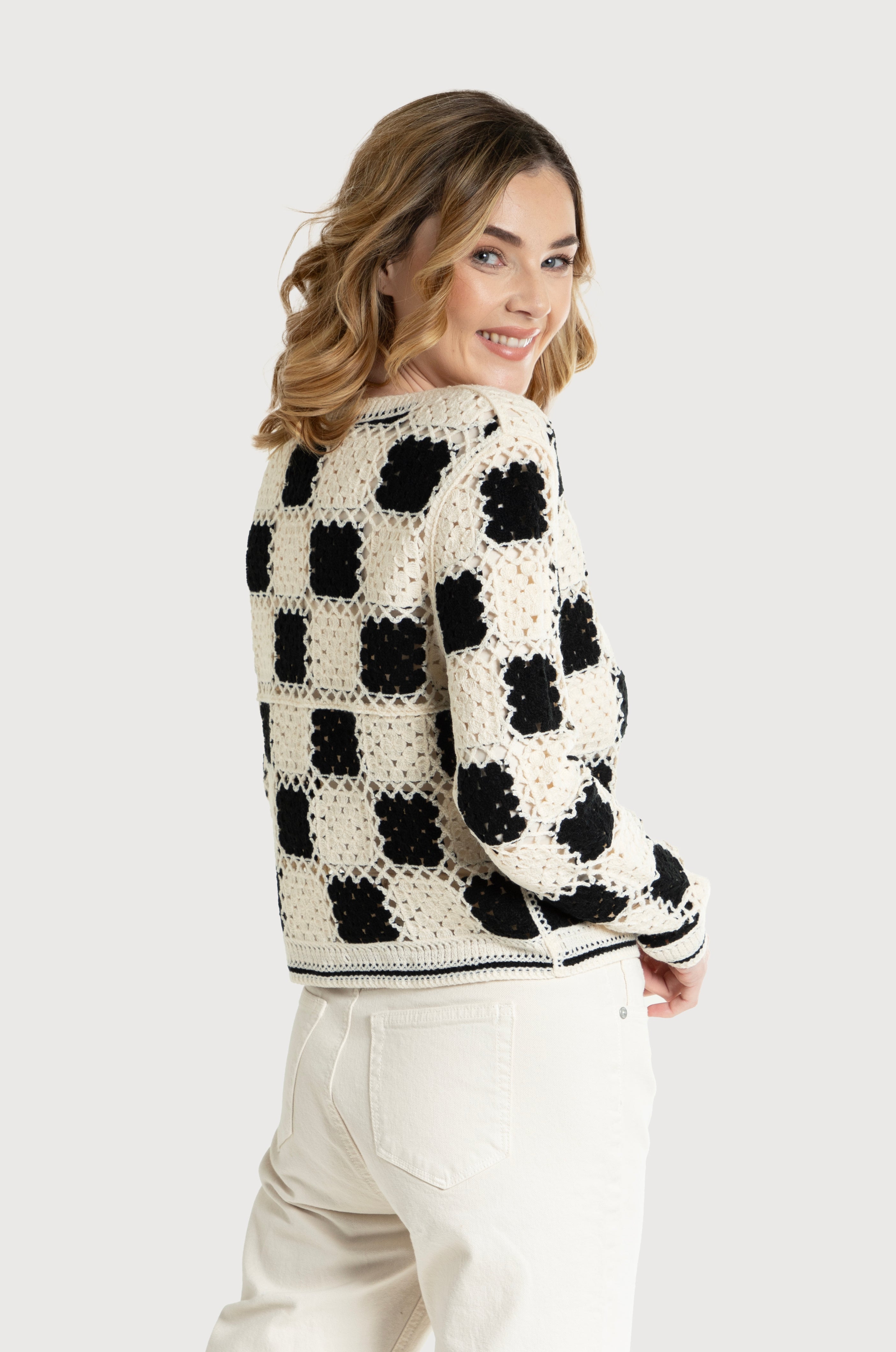 Checkered Crochet Cardigan for Women - Stylish Lace-Up Boho Knit Sweater | Perfect for Fall, Winter & Cozy Outfits