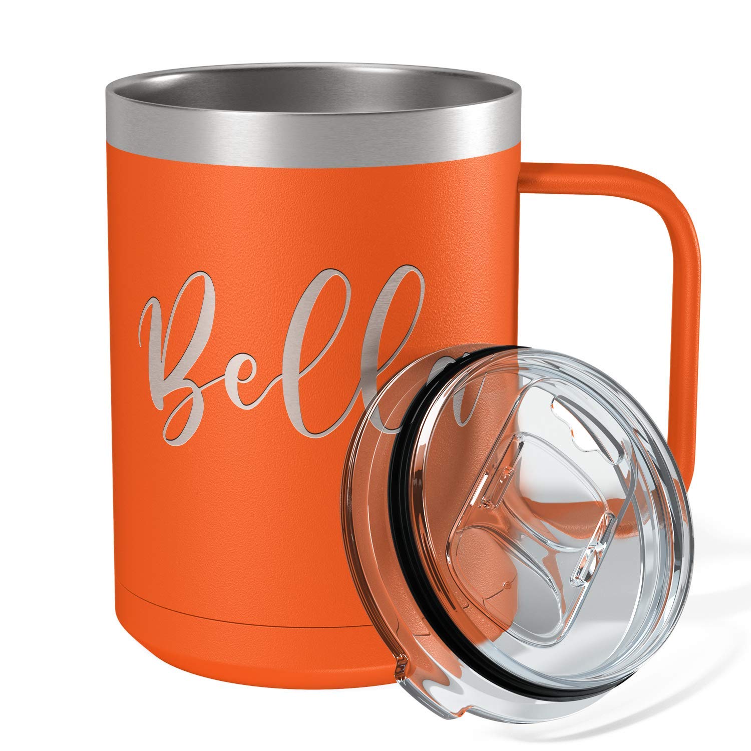Custom Engraved 15 oz Orange Matte Stainless Steel Vacuum Insulated Coffee Mug - Personalized Gift with Handle for Office, Travel & Home Use