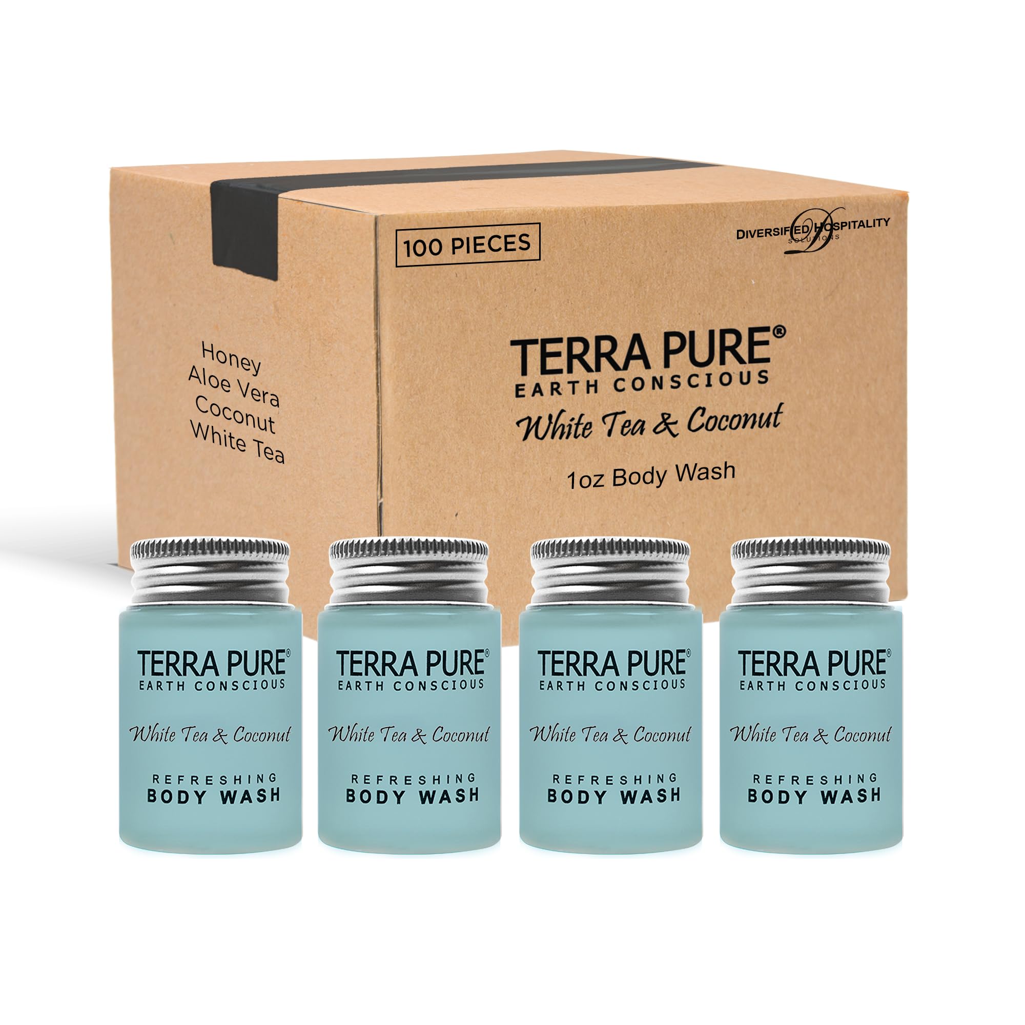 Terra Pure White Tea & Coconut Shampoo, Conditioner & Body Wash Travel Size Set - 1 oz Each (Pack of 100) | Hotel Amenities, Travel Toiletries, Gym Essentials & Vacation Must-Haves