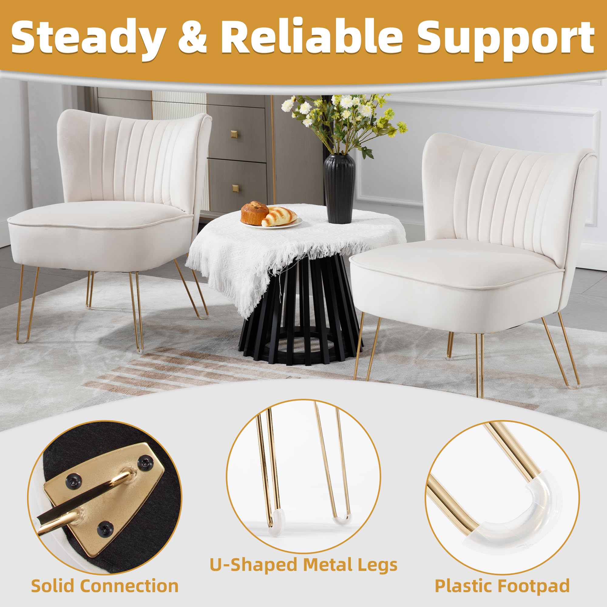ABET Accent Chairs Set of 2 - Velvet Upholstered Armless Living Room Chairs with Tufted Wingback Design, Thick Cushion & Golden U-Shaped Metal Legs - Modern Comfortable Slipper Chairs for Living Room, Bedroom, or Office - Beige