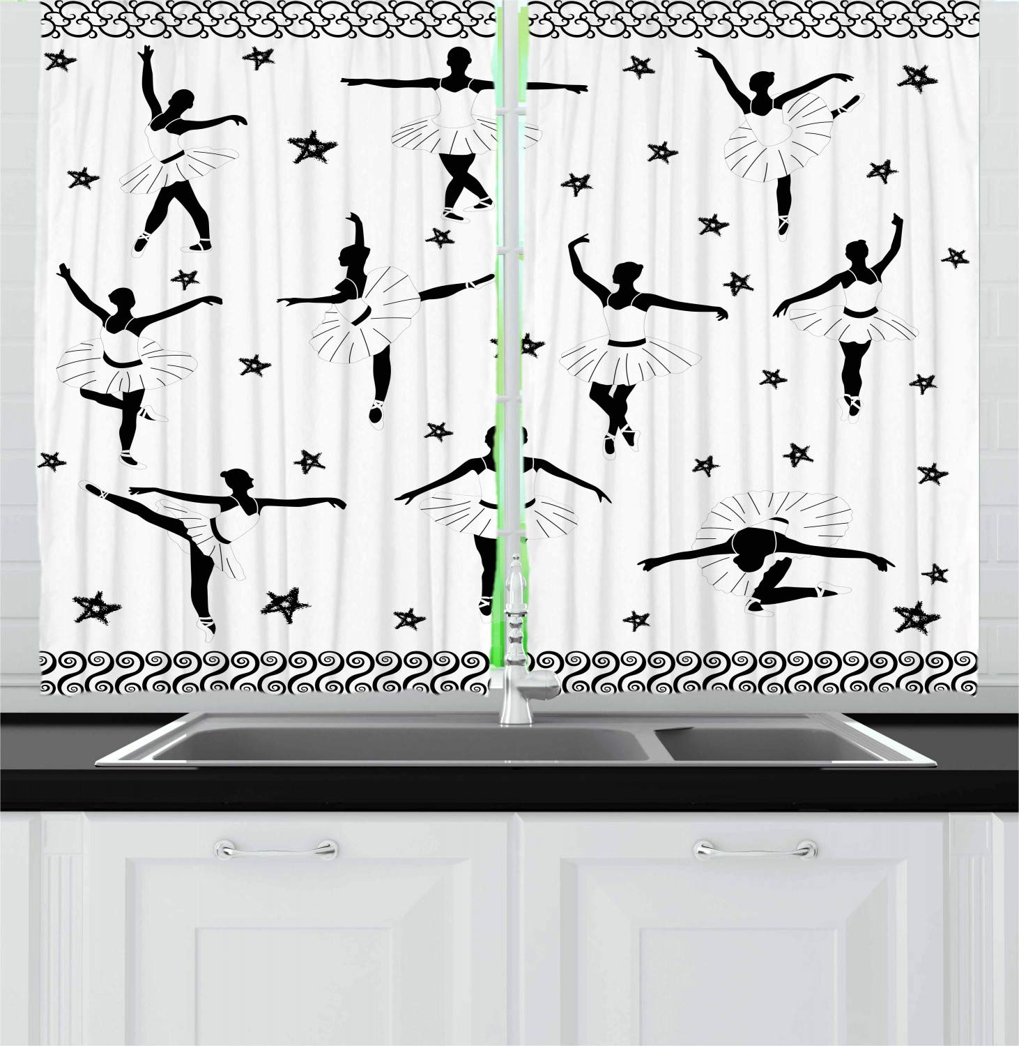 Ambesonne Ballet Kitchen Curtains - Classic Baroque Ballerina Dancers with Stars & Scrolls Design, Black & White Window Drapes 2 Panel Set (55x39 Inch) for Kitchen & Cafe Decor | Perfect for French Country, Vintage & Ballet Themed Home Decor