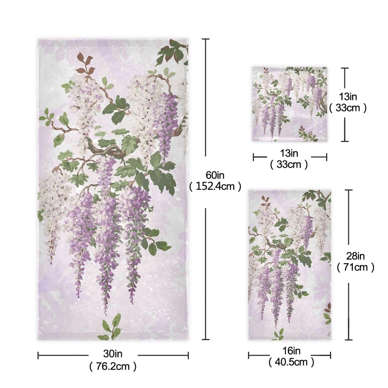 ALAZA Lavender Wisteria Flower Bath Towel Set - 3 Piece Luxury Soft Absorbent Towels (1 Bath Towel, 1 Hand Towel, 1 Washcloth) for Bathroom, Beach, Gym & Spa - Decorative Floral Towel Set for Home & Hotel Use