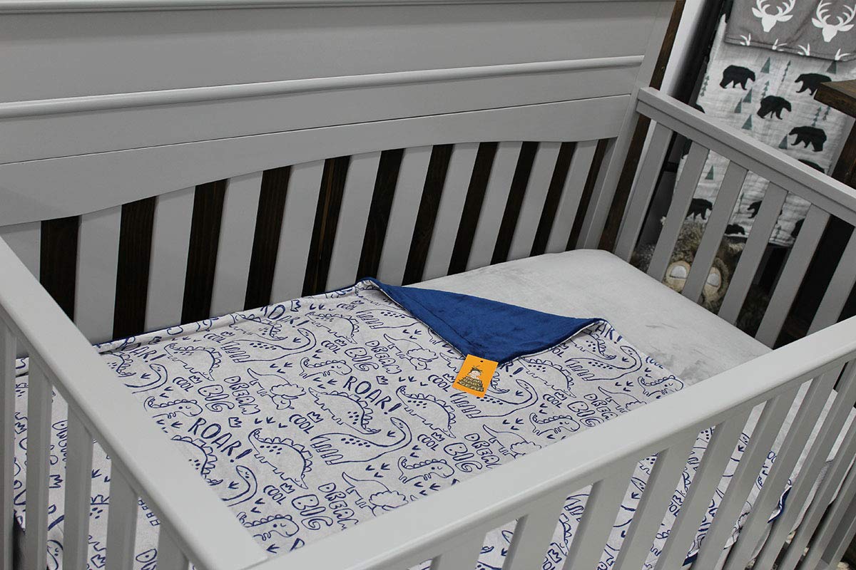 Dear Baby Gear Deluxe Baby Blanket - Unisex Reversible Soft Double Layer Blankets for Boys & Girls - Newborn Infant Crib Bedding Decor - Navy Dinosaur Roar Design, 40x30 Inches - Perfect for Nursery, Stroller & Swaddle