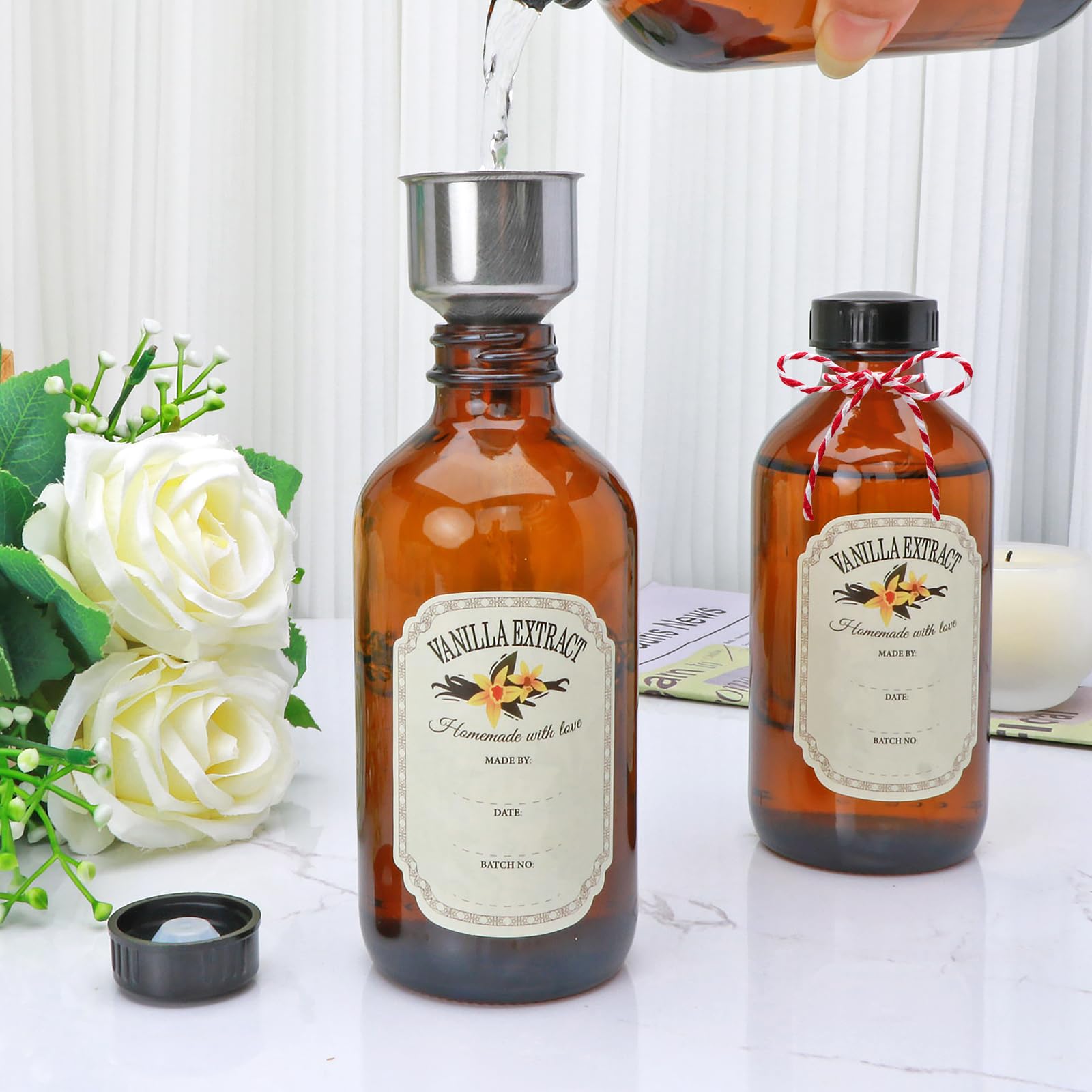8oz Amber Glass Bottles with Caps - 10 Pack Round Boston Bottles for Vanilla Extract, Syrup & Essential Oils - Includes Stickers & Funnel - Perfect for Wedding Favors, Christmas Gifts & DIY Projects