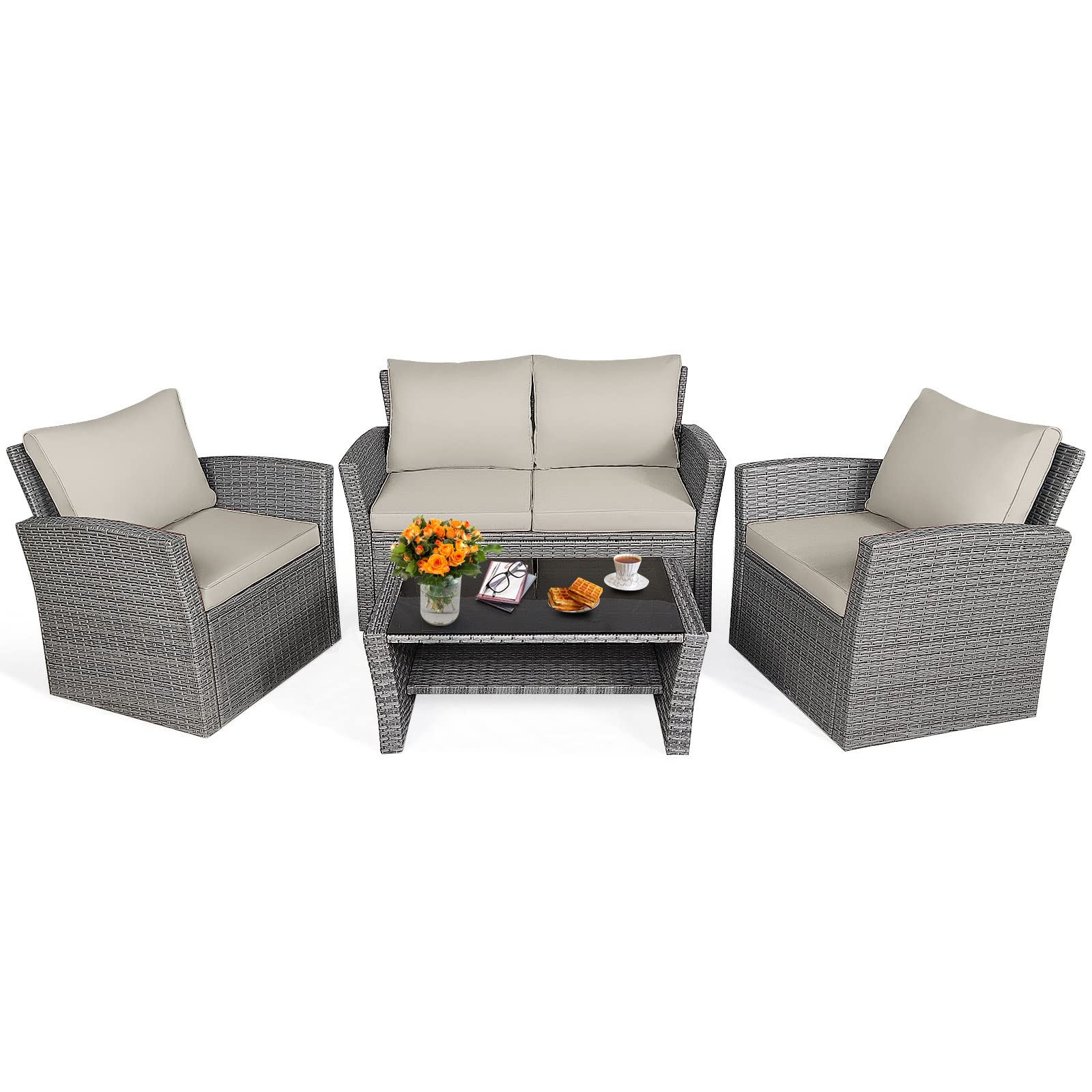 Tangkula 4-Piece All-Weather Outdoor Patio Furniture Set - Wicker Rattan Sectional Sofa with Cushions & Tempered Glass Table - Perfect for Backyard, Garden, Poolside & Patio Relaxation