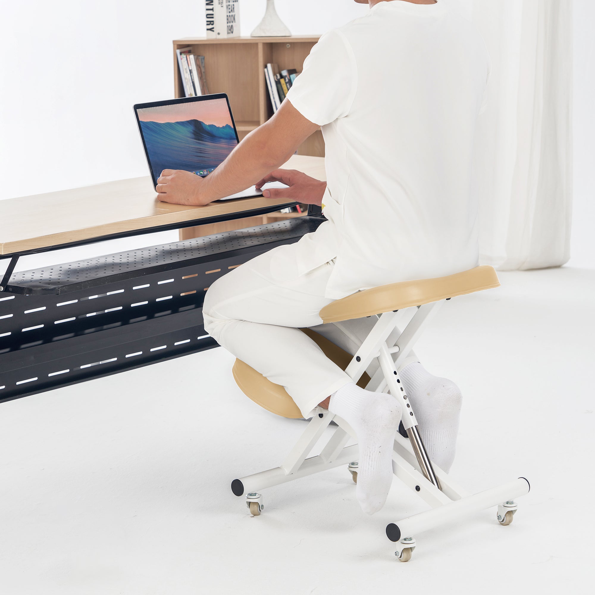Ergonomic Metal Foldable Kneeling Chair for Office & Home - Posture Correction Stool with Adjustable Height | Improves Sitting Posture & Back Pain Relief | Perfect for Work, Study & Meditation (Cream/Black Options)