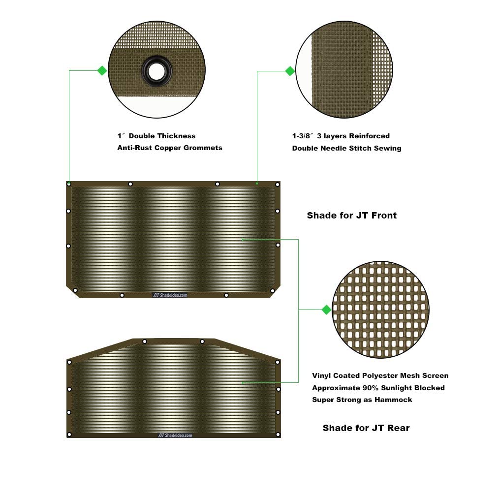 Shadeidea JT Sun Shade Top for Jeep Gladiator (2018-2023) - Mesh Roof Cover with UV Protection & Wind Noise Reduction - Includes GrabBag Pouch & 10-Year Warranty - Tank Green (Front+Rear 2-Piece Set) - Perfect for Off-Roading, Camping, and Summer Driving