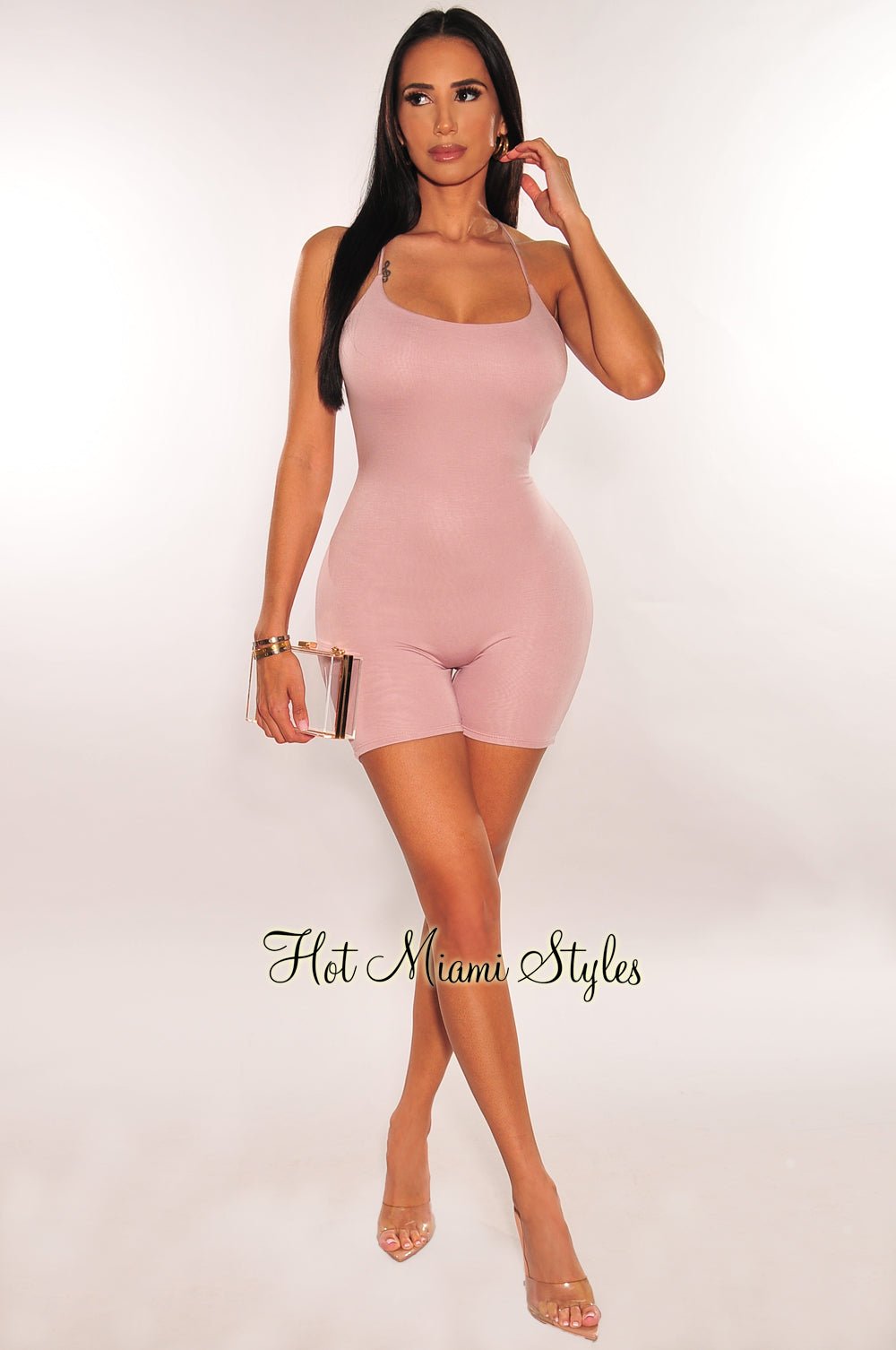 Sexy Dusty Pink Spaghetti Strap Open Back Criss Cross Scrunch Butt Romper - Women's Summer Jumpsuit for Beach, Party & Date Night