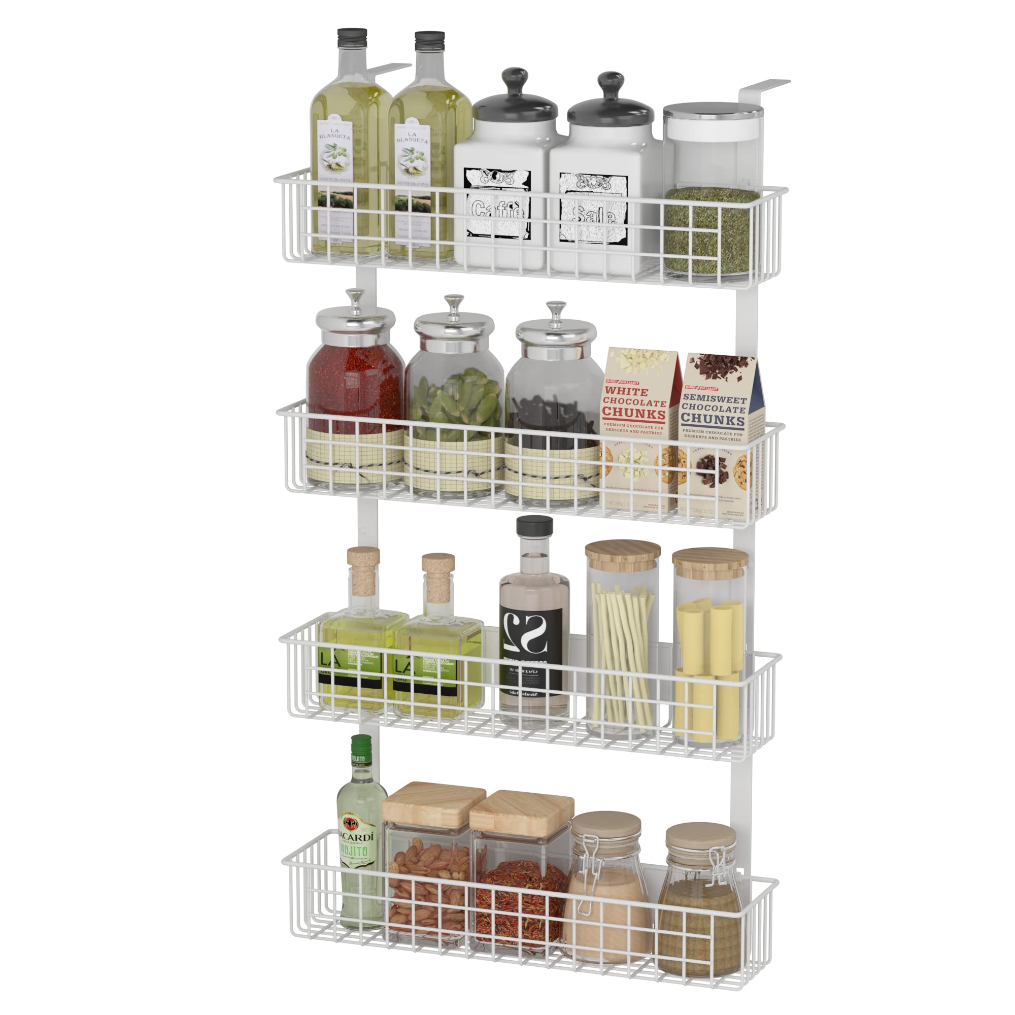 4 Tier Magnetic Spice Rack - Strong Refrigerator Spice Organizer with Utility Hooks | Space-Saving Kitchen Storage for Seasoning Bottles, Plastic Wraps & Garbage Bags | Perfect for Pantry, Fridge & Small Kitchen Organization (White)