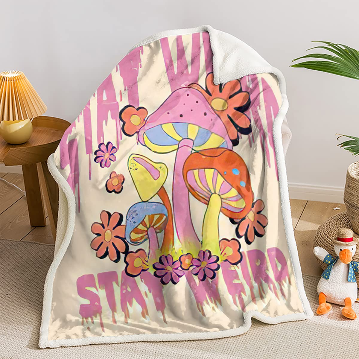 Magic Mushroom Fuzzy Blanket - Pink Retro Mushroom Flower Pattern Plush Throw, 59