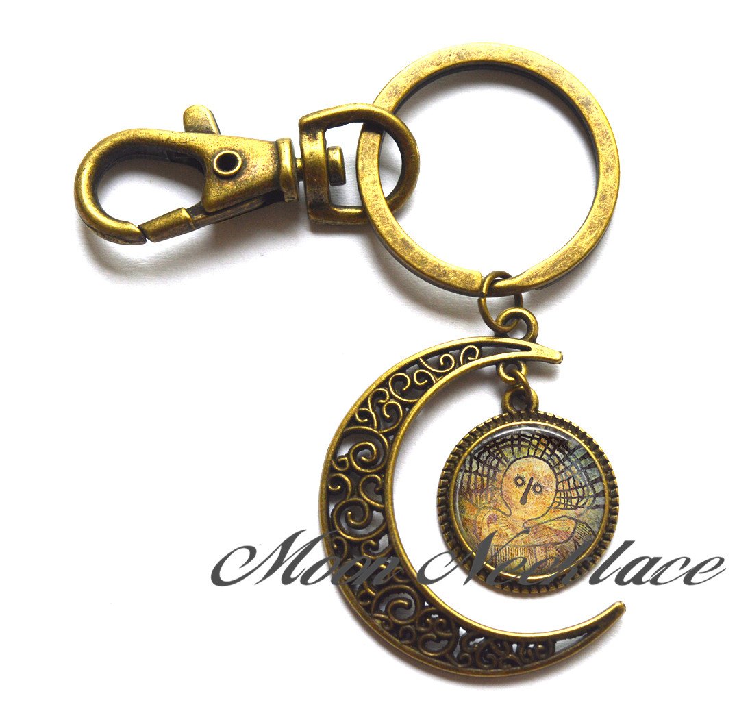 Charm Moon Keychain - Shaman Spirit Moon Key Ring with Ancient Cave Art Design - Perfect for Spiritual Journeys, Meditation, and Gift Giving