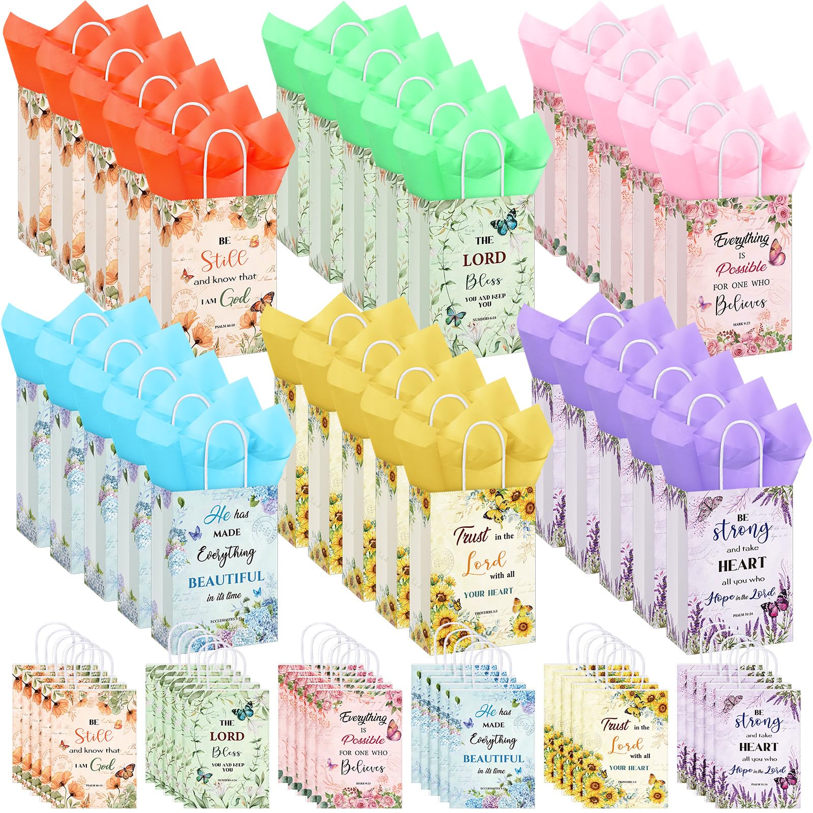 Pasimy 120 Pcs Christian Gift Bags Set - 60 Religious Butterfly Party Favor Bags & 60 Colorful Tissue Paper Gift Bags with Bible Verses for Birthday Parties, Church Events, Sunday School, Baptism, Easter & Christmas Celebrations