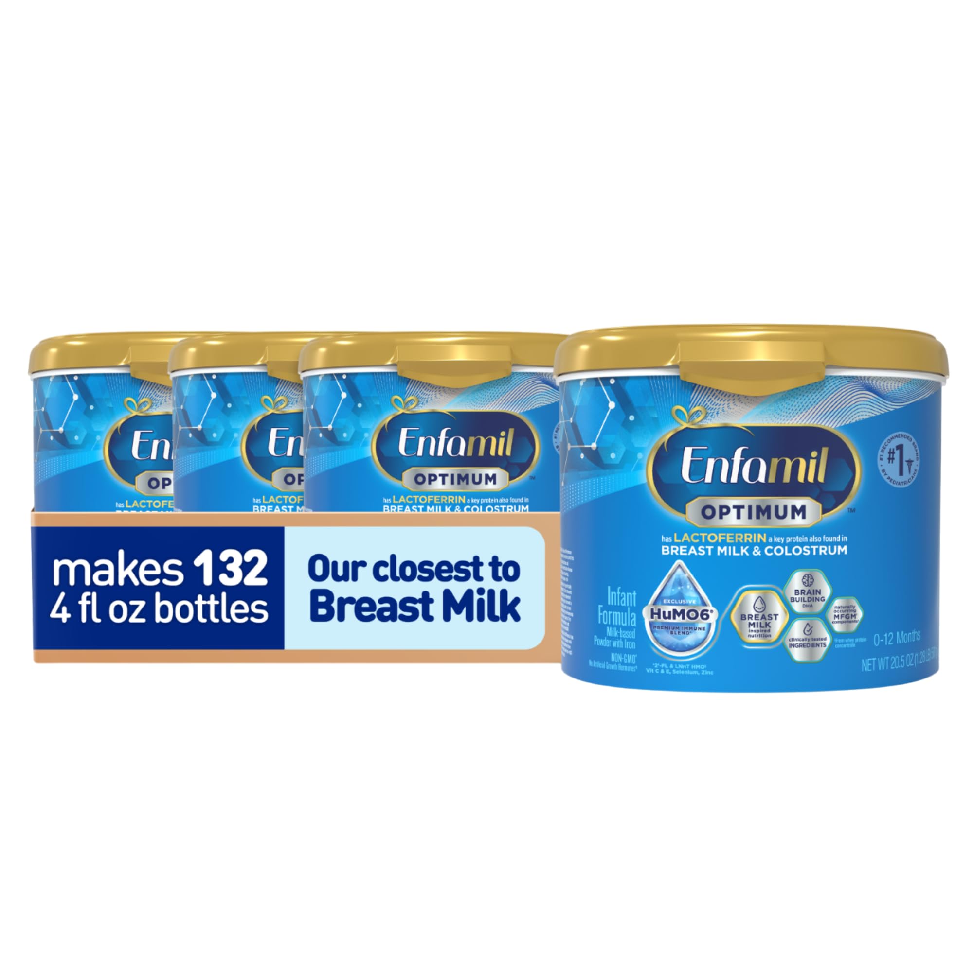 Enfamil Optimum Baby Formula - Closest to Breast Milk with Immune-Supporting Lactoferrin & Brain-Building DHA - 20.5 Oz (Pack of 4) - Ideal for Newborns & Infants for Healthy Growth & Development