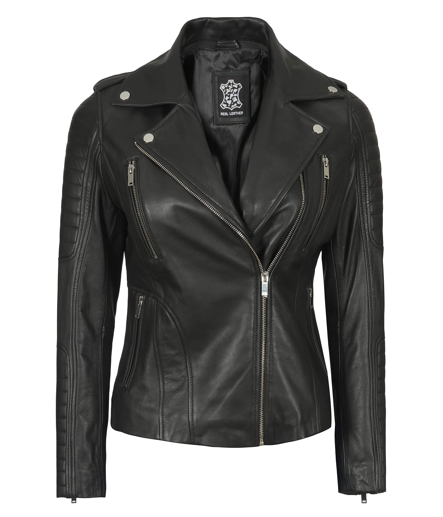 Decrum Women's Real Lambskin Leather Jacket with Removable Hood - Brown & Black Casual Biker Jacket for Women | Perfect for Motorcycle Riding, Fall Fashion & Outdoor Adventures