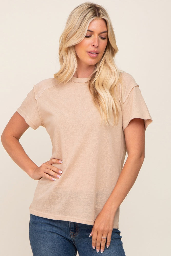 Beige Raw Hem T-Shirt for Women - Soft Cotton Relaxed Fit Tee with Distressed Hem | Casual Wear, Layering, Everyday Outfits