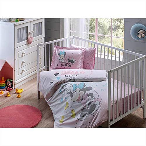 Minnie Mouse Baby Bedding Set - 100% Cotton Crib Bedding for Girls, Hello Little One Nursery Theme, 5-Piece Duvet Cover & Comforter Set | Soft & Breathable Toddler Bedding | Perfect for Nursery Decor, Baby Shower Gifts & Newborn Essentials