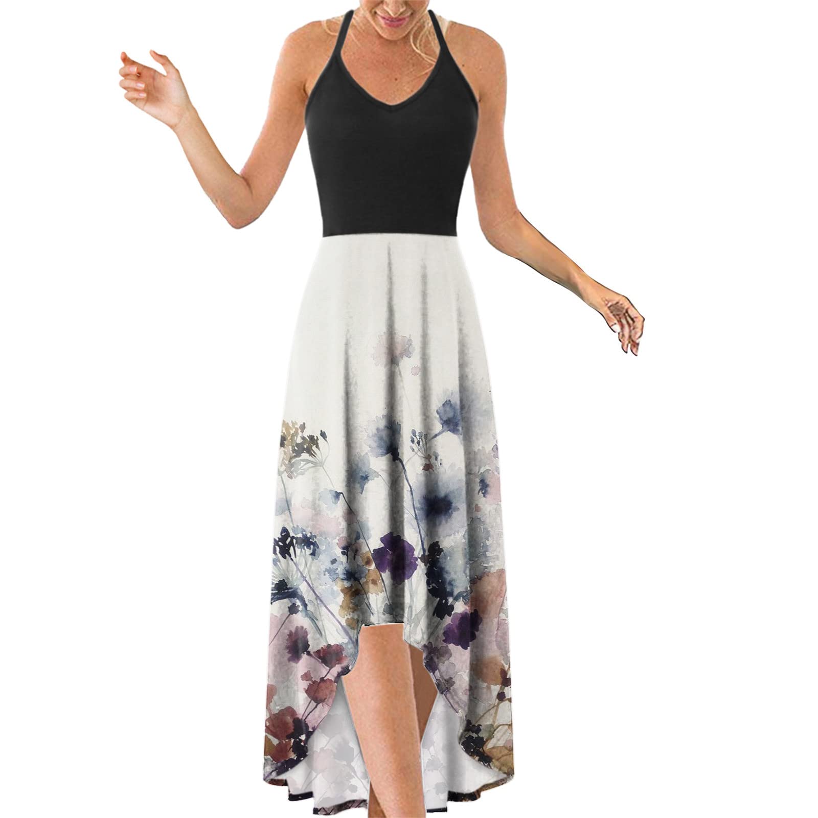 WOCACHI Women's Floral Maxi Dress - Deep V Neck Sleeveless Summer Dress with Asymmetrical Hem & Spaghetti Straps | Perfect for Beach Vacations, Date Nights & Summer Parties