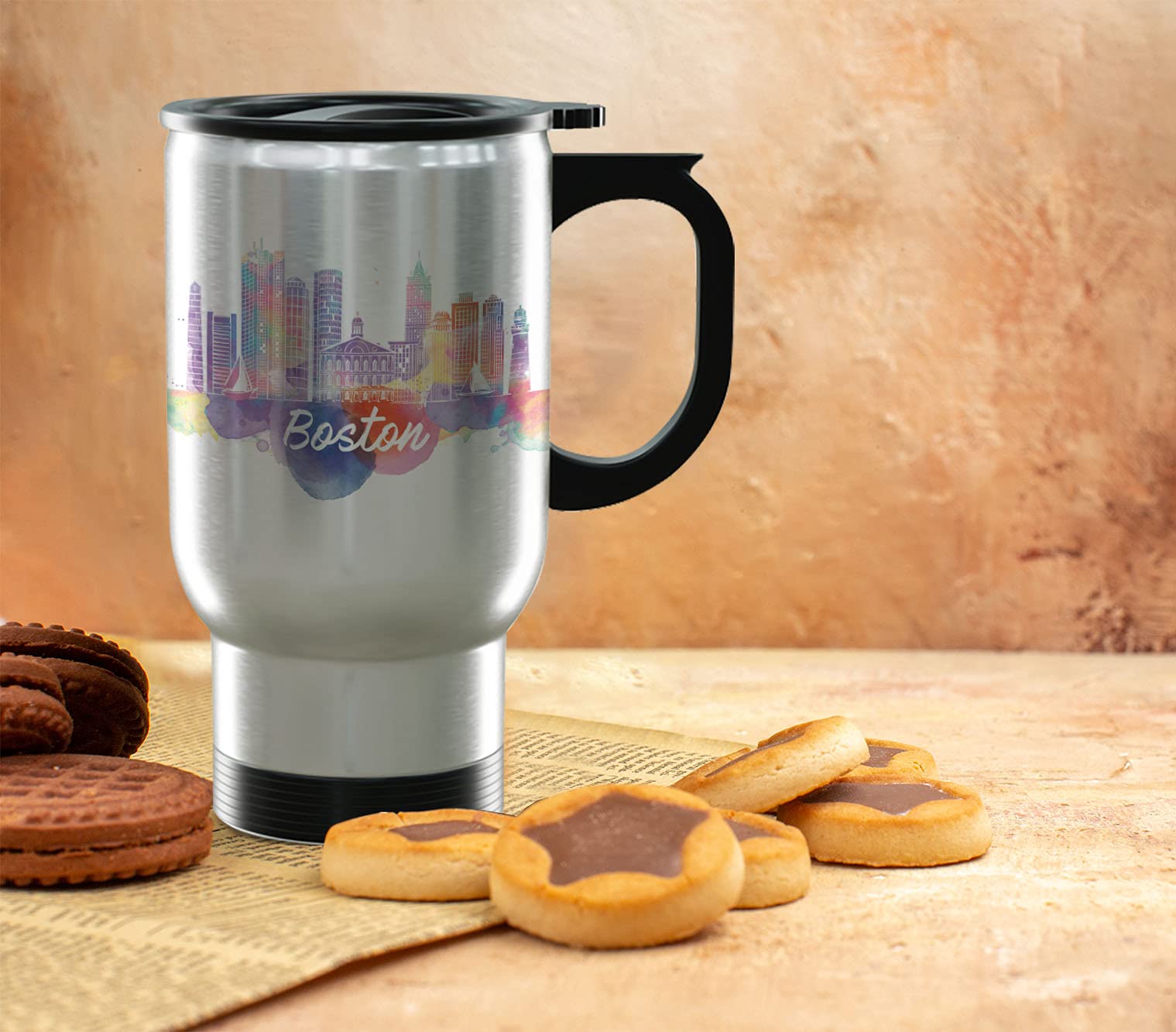 TJ Originals - Boston Massachusetts Stainless Steel Travel Mug 14oz, Insulated Coffee Tumbler with Handle & Skyline Design, Perfect Souvenir Gift for Tourists & Locals - Ideal for Commuting, Travel, Office & Outdoor Adventures
