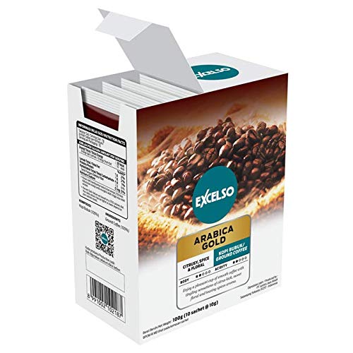 Excelso Arabica Gold Ground Coffee - Premium 100% Arabica, Medium Roast, 4 Bags (10 Count x 10g Each) - Perfect for Home Brewing, Office Use & Gifts