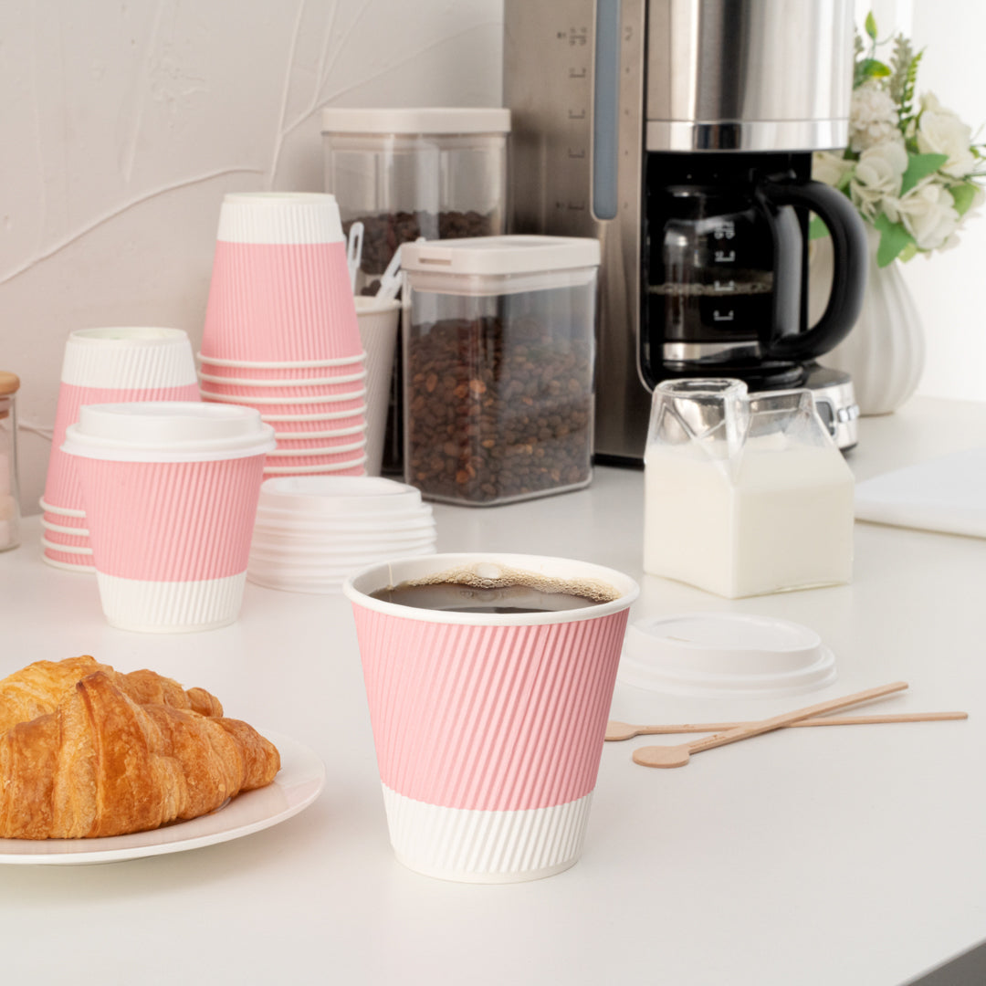 8 oz Light Pink Ripple Wall Coffee Cups with White Lids - 3.5