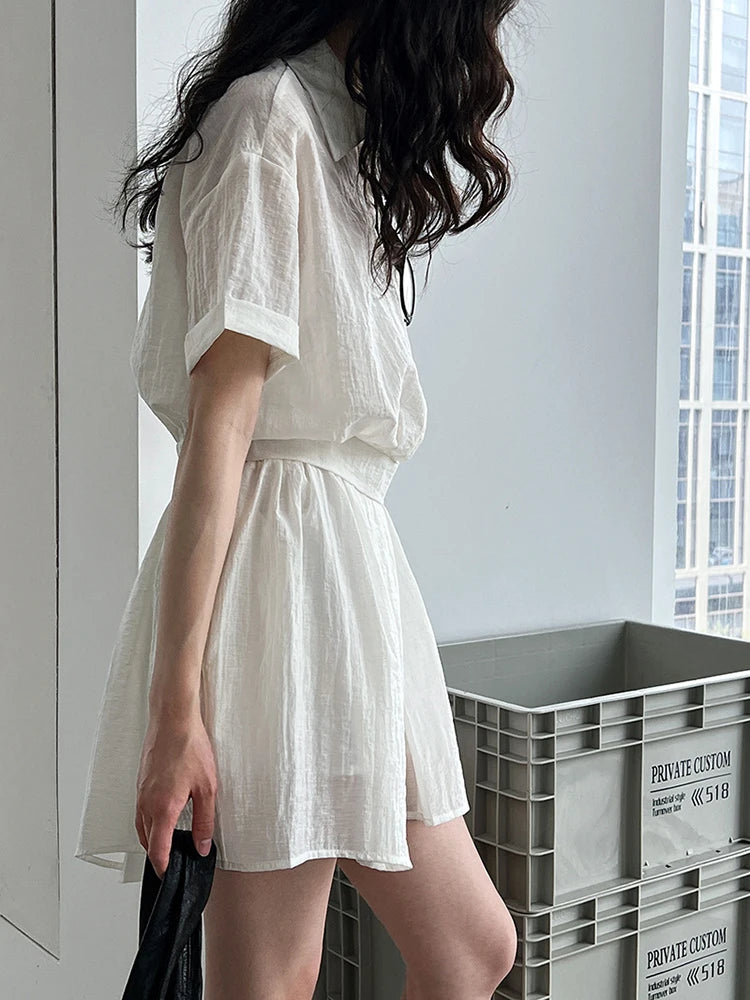 Beige Women's Two-Piece Suit Set - Thin Half Body Skirt & Lapel Short Sleeve Shirt | Spring Summer 2025 Fashion Trend | Office Wear, Casual Outfits, Party Dresses (Style 1DJ1239)