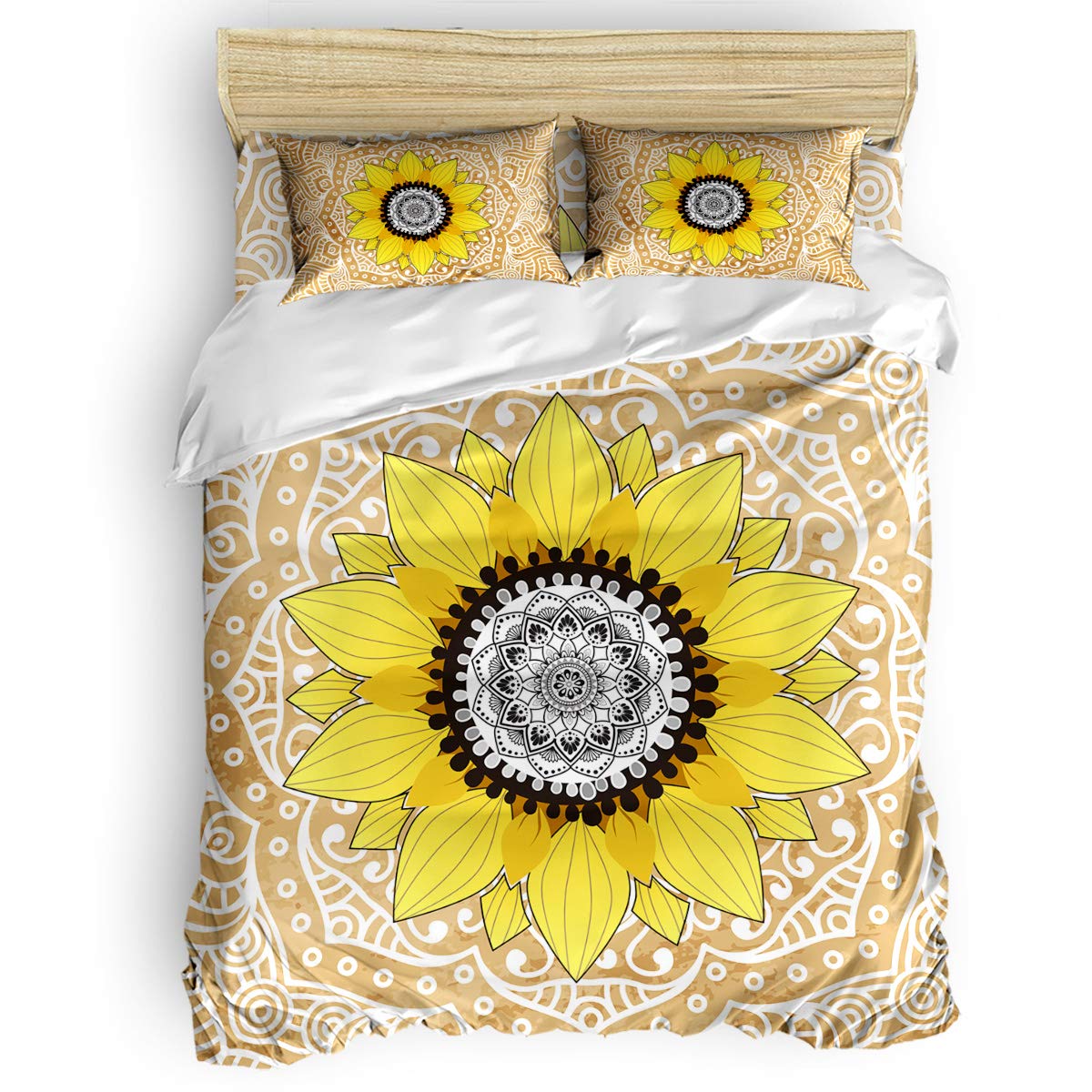 PartyShow 4-Piece Twin Bedding Set - Sunflower Mandala Comforter Cover with 2 Pillowcases for Kids' Bedroom (Khaki) | Soft & Cozy Bed Sheets for Boys & Girls | Perfect for Dorm Rooms, Sleepovers & Kids' Bedroom Decor