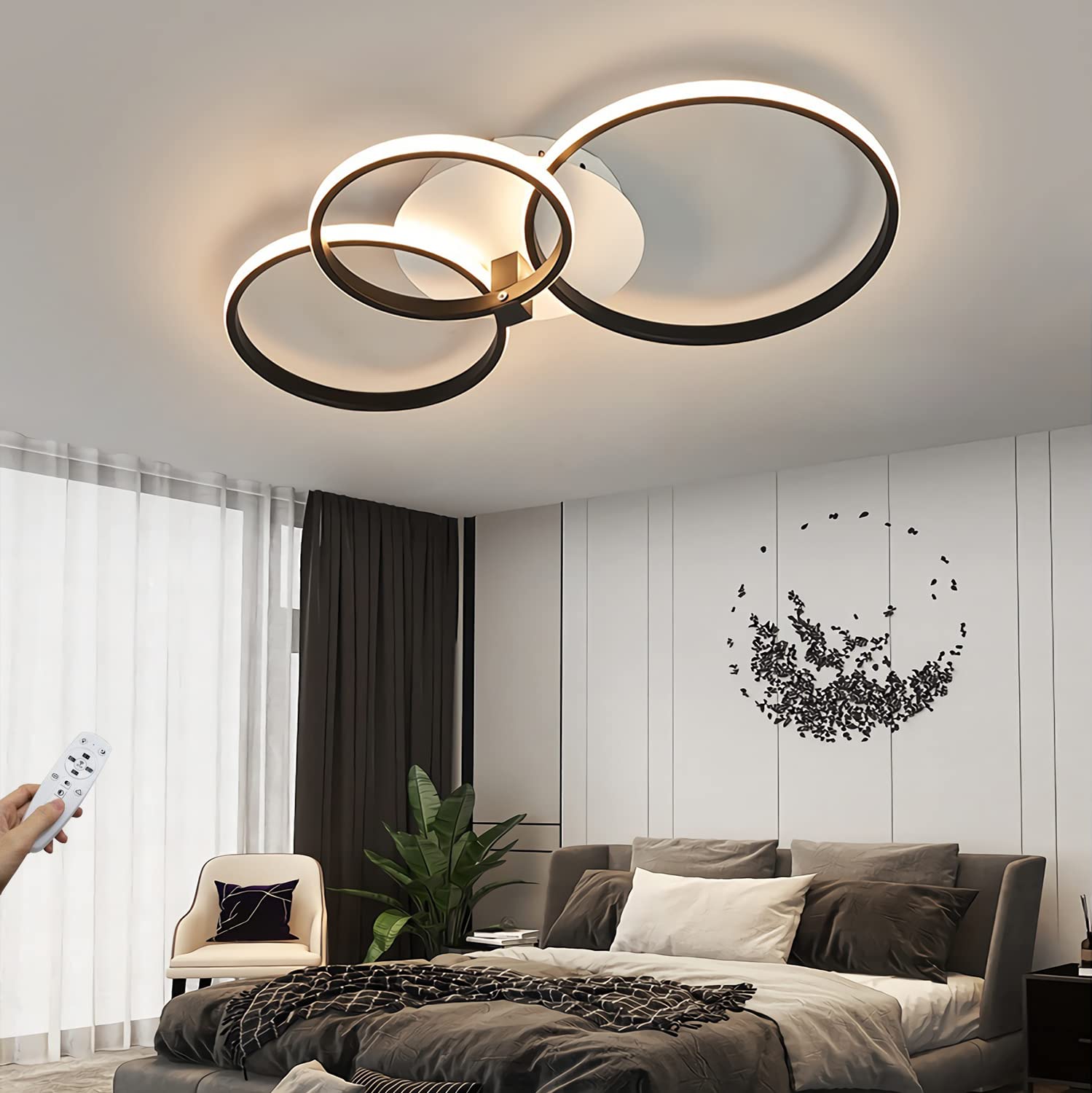 Dimmable LED Ceiling Light - Modern Black Round Ring Chandelier with Remote Control for Living Room, Dining Room, Bedroom & Kitchen | Energy Efficient 3-Ring Design | Perfect for Home Decor & Ambient Lighting