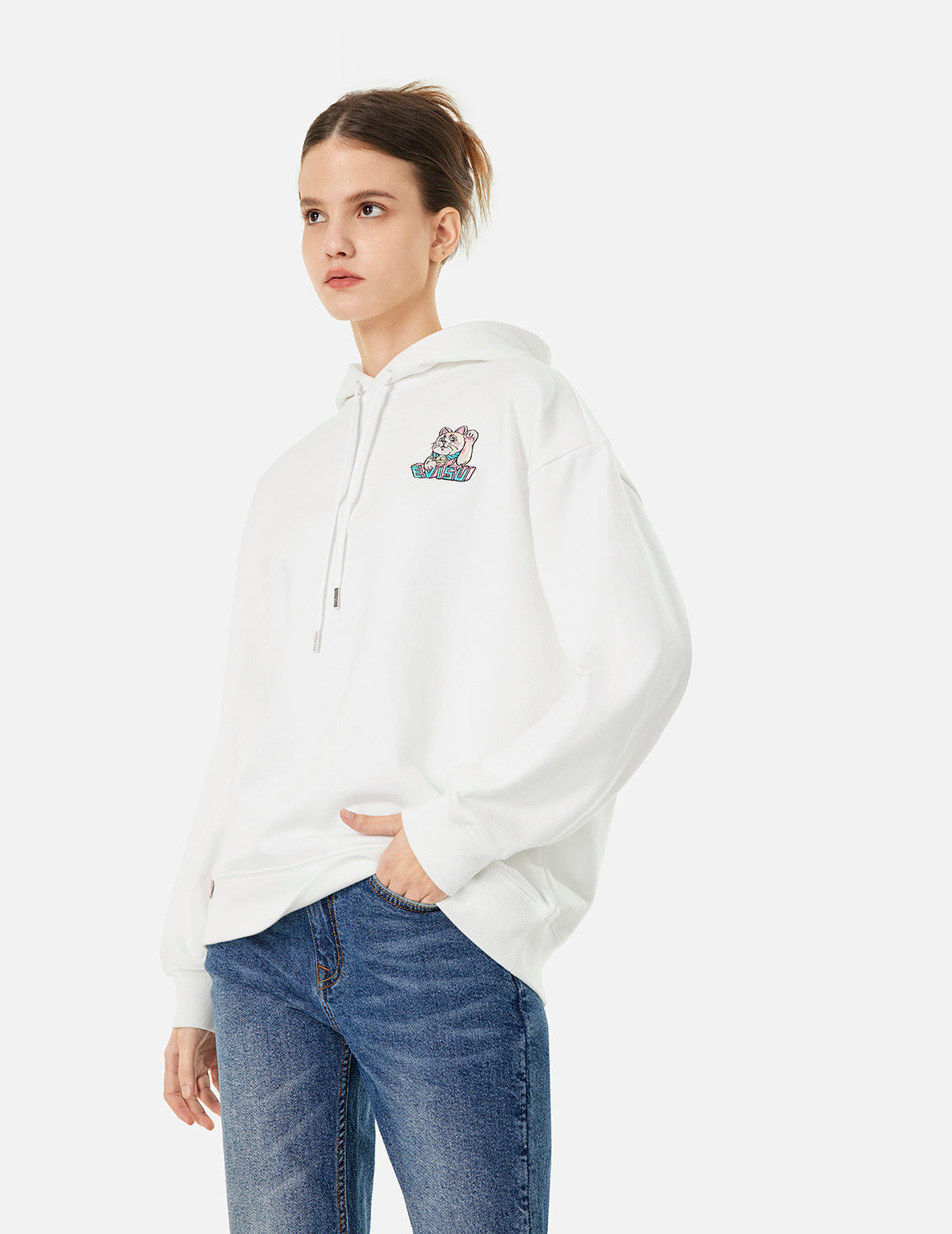 Stylish Logo & Lucky Fortune Cat Embroidered Oversized Hoodie - Cozy Streetwear for Casual Outfits & Loungewear