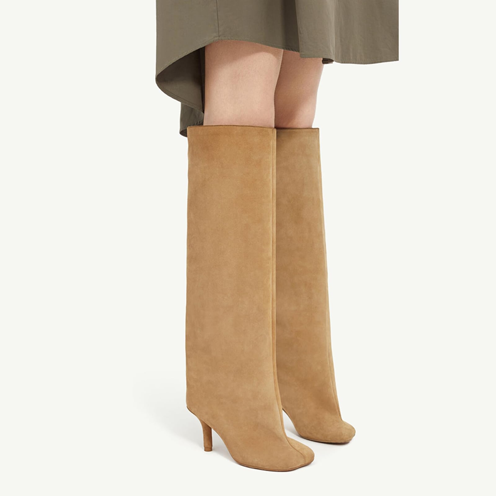 Yishaweiqi Women's Camel Suede Knee High Boots - Square Toe Stiletto Heel Pull On Tall Boots for Wide Calf | Stylish & Comfortable Fall Fashion Boots for Work, Dating & Night Out